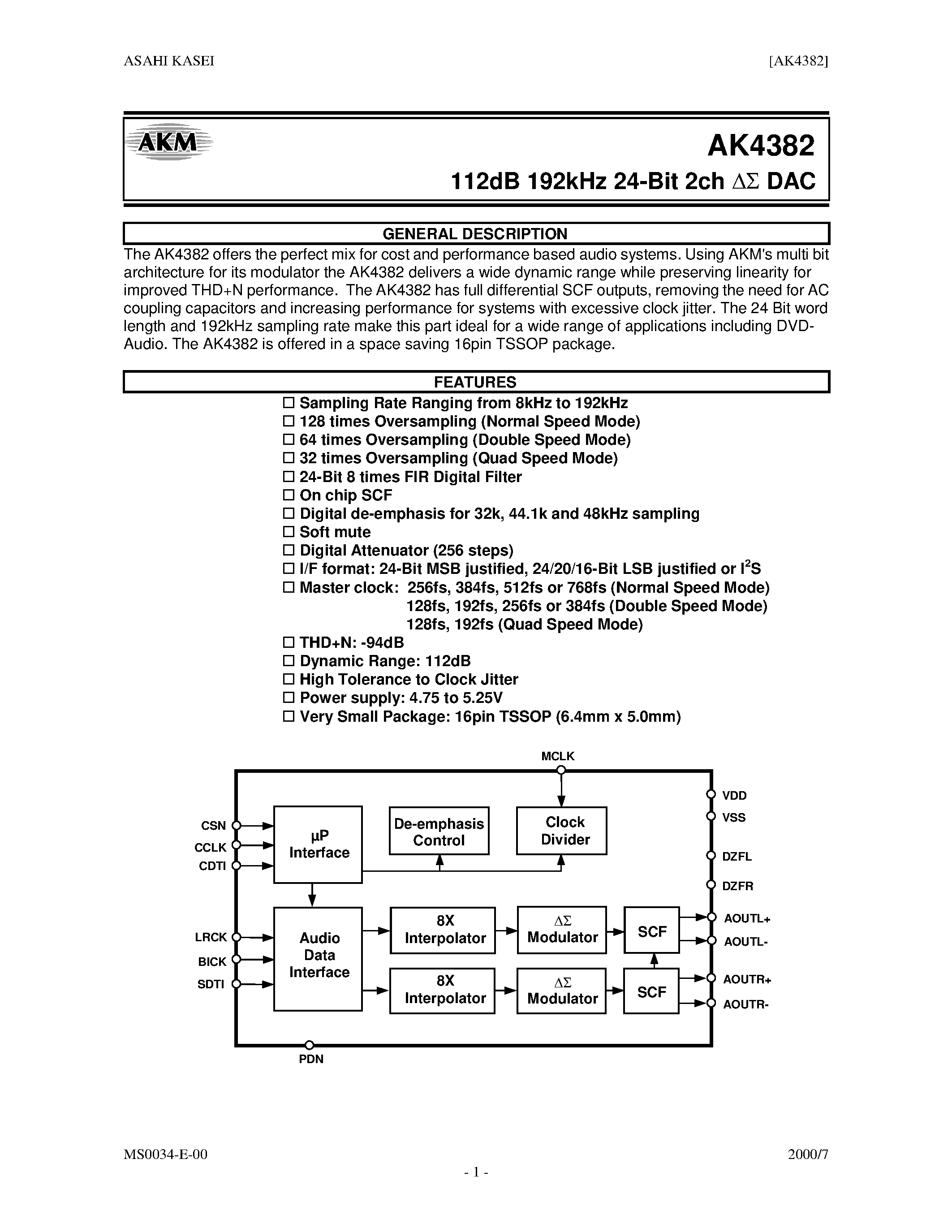 Datasheet AK4382VT - 112dB 192kHz 24-BIT SCH DAC page 1