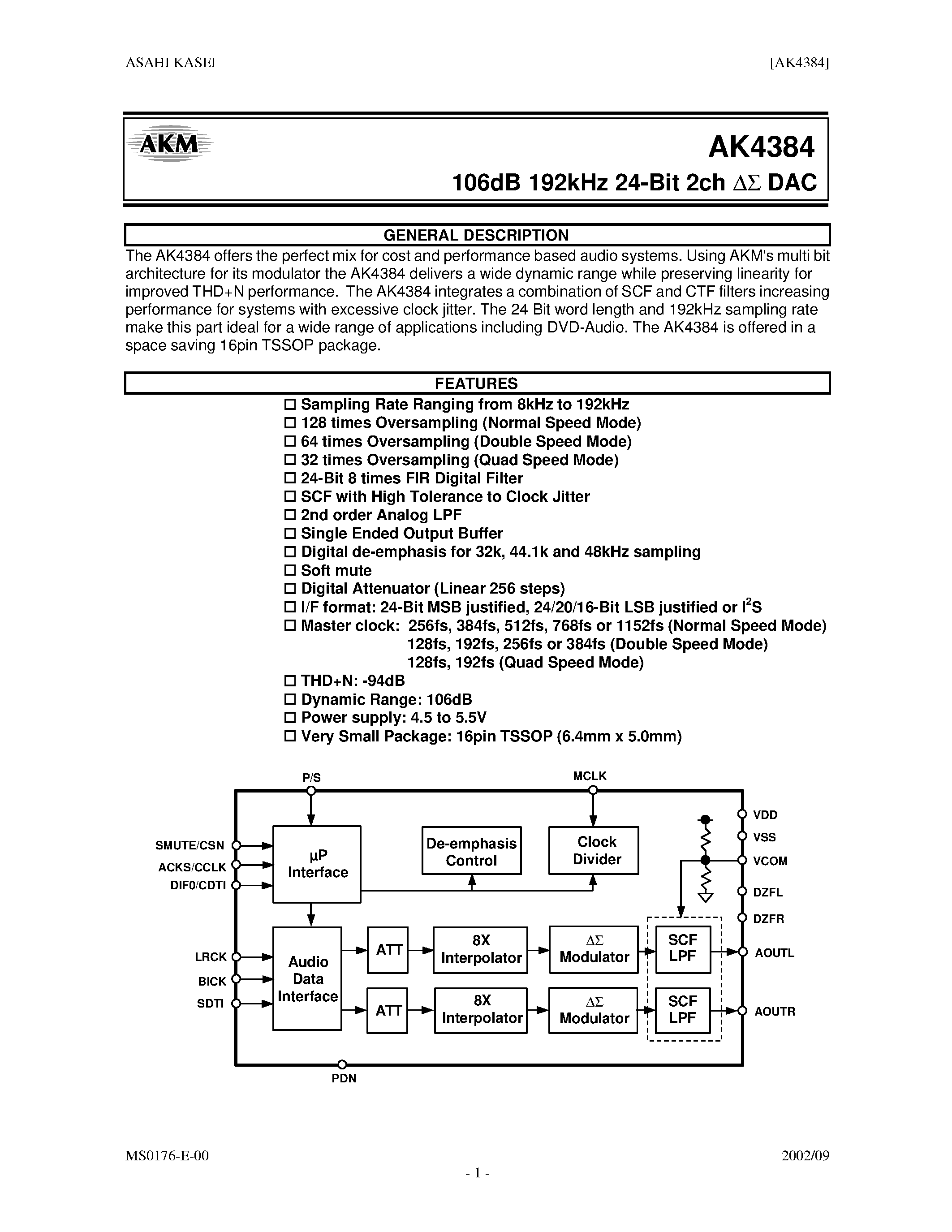 Datasheet AK4384VT - 106dB 192kHz 24-Bit 2ch DAC page 1