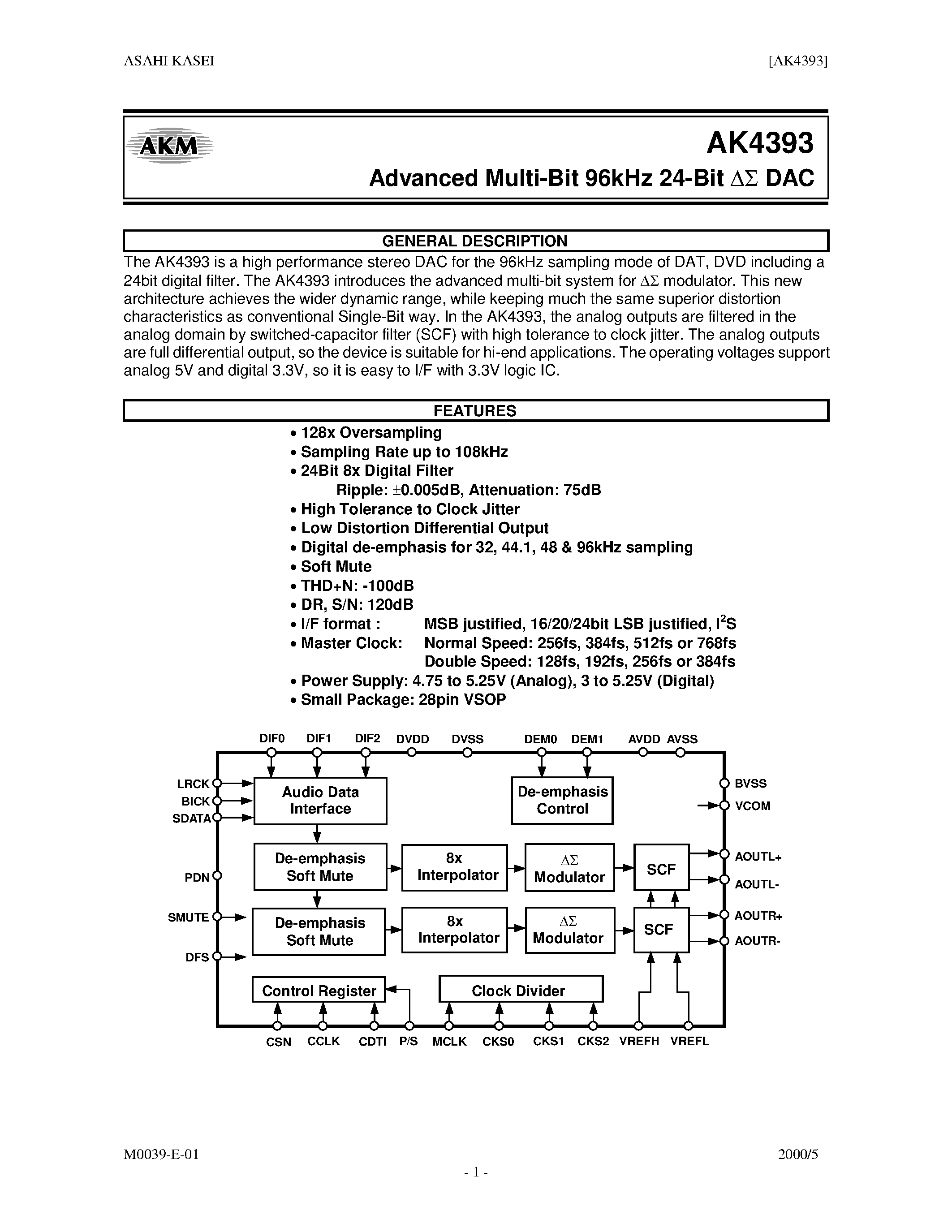 Datasheet AK4393 - EVALUATION BOARD REV.C FOR AK4393 page 1