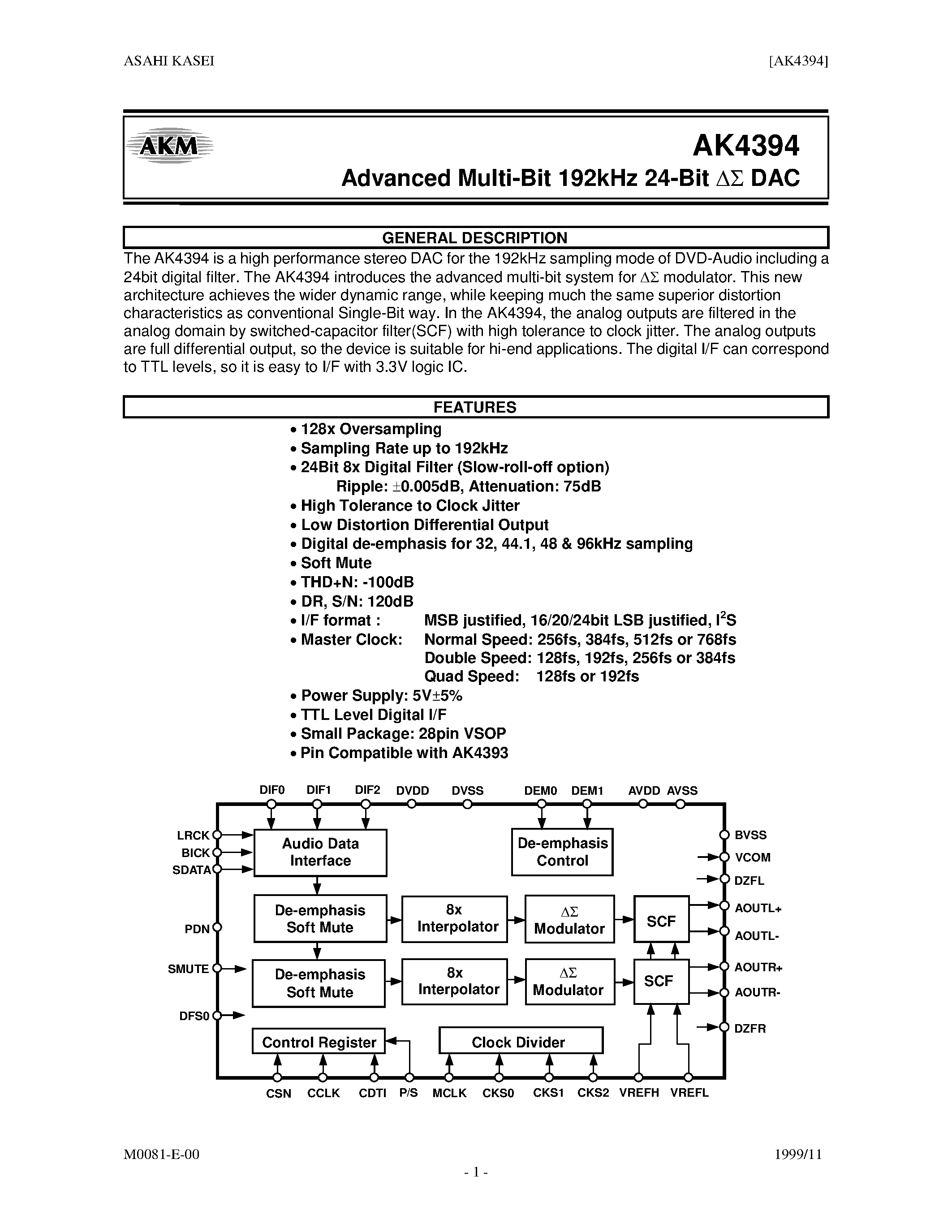Datasheet AK4394 - ADVANCED MULTI-BIT 192KHZ 24-BIT DAC page 1