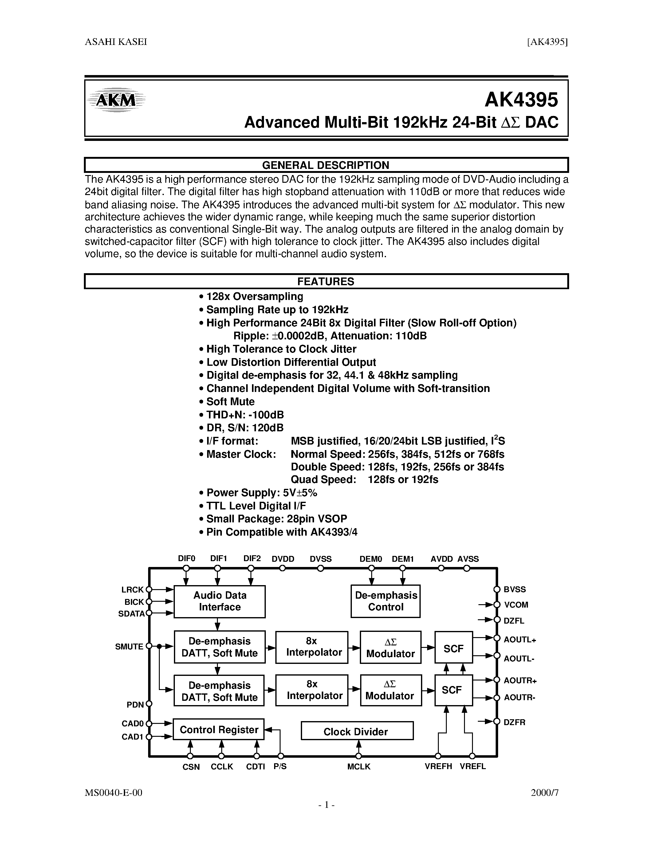 Datasheet AK4395VF page 1 Datasheet AK4395VF - ADVANCED MULTI-BIT 192KHZ 24-BIT DAC page 1