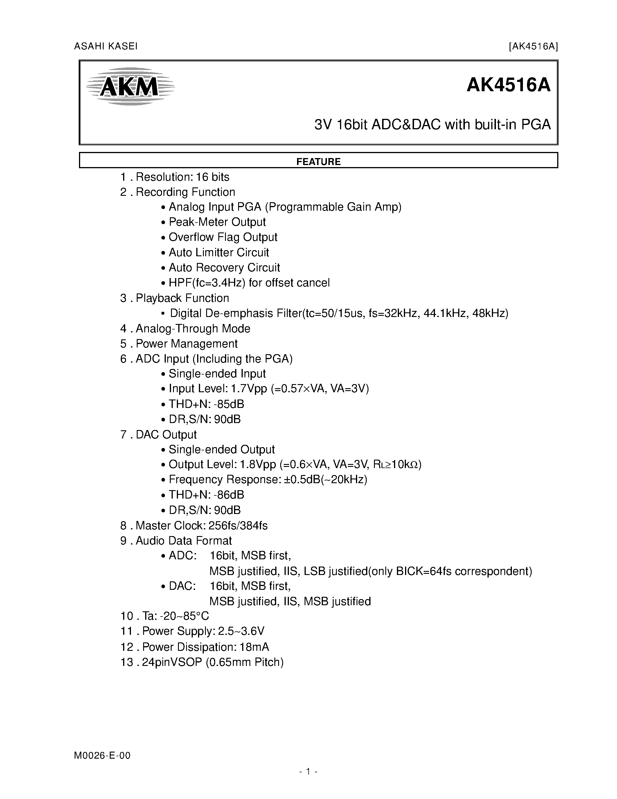 Datasheet AK4516AVF - 3V 16BIT ADC&DAC WITH BUILT-IN PGA page 1
