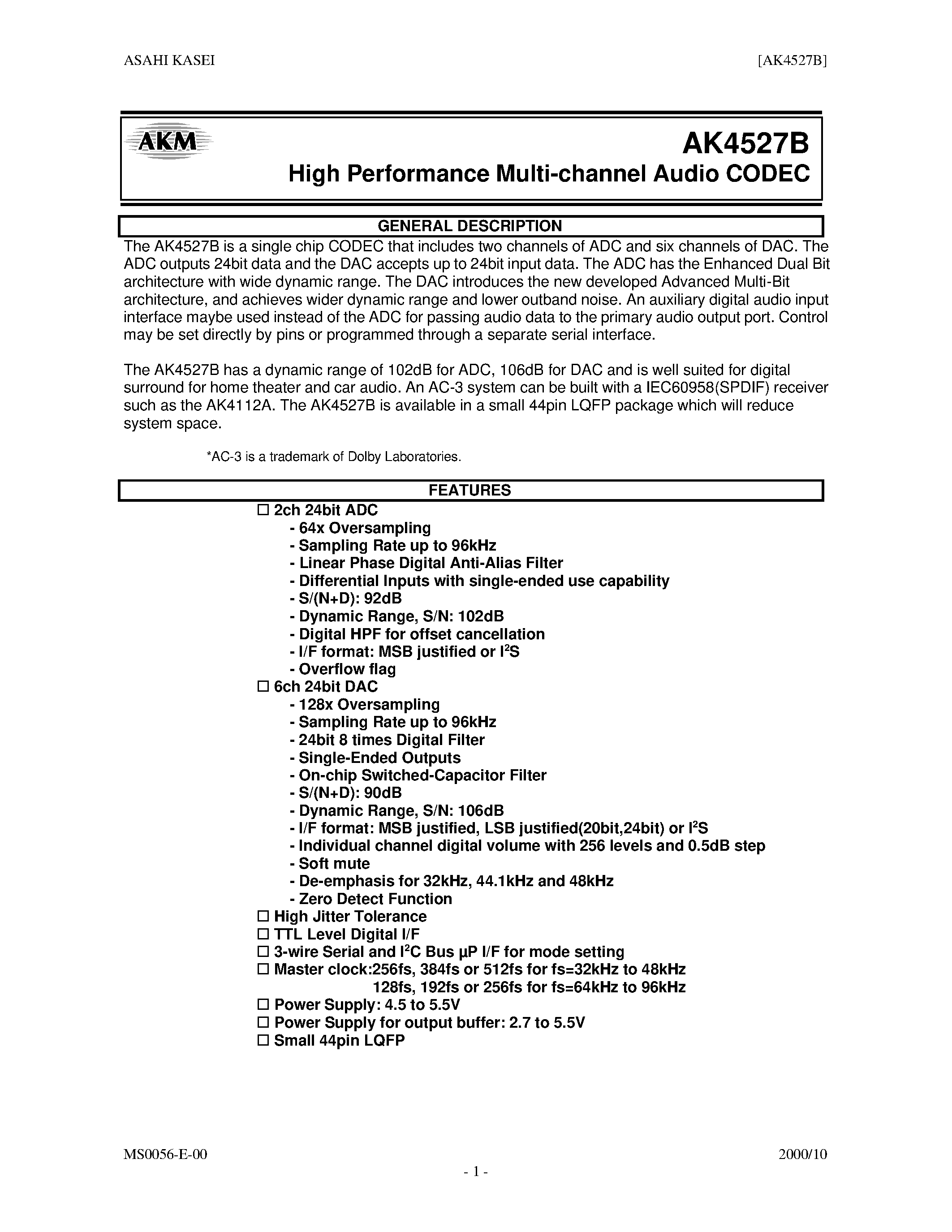 Даташит AK4527B - EVALUATION BOARD REV.D FOR AK4527B страница 1