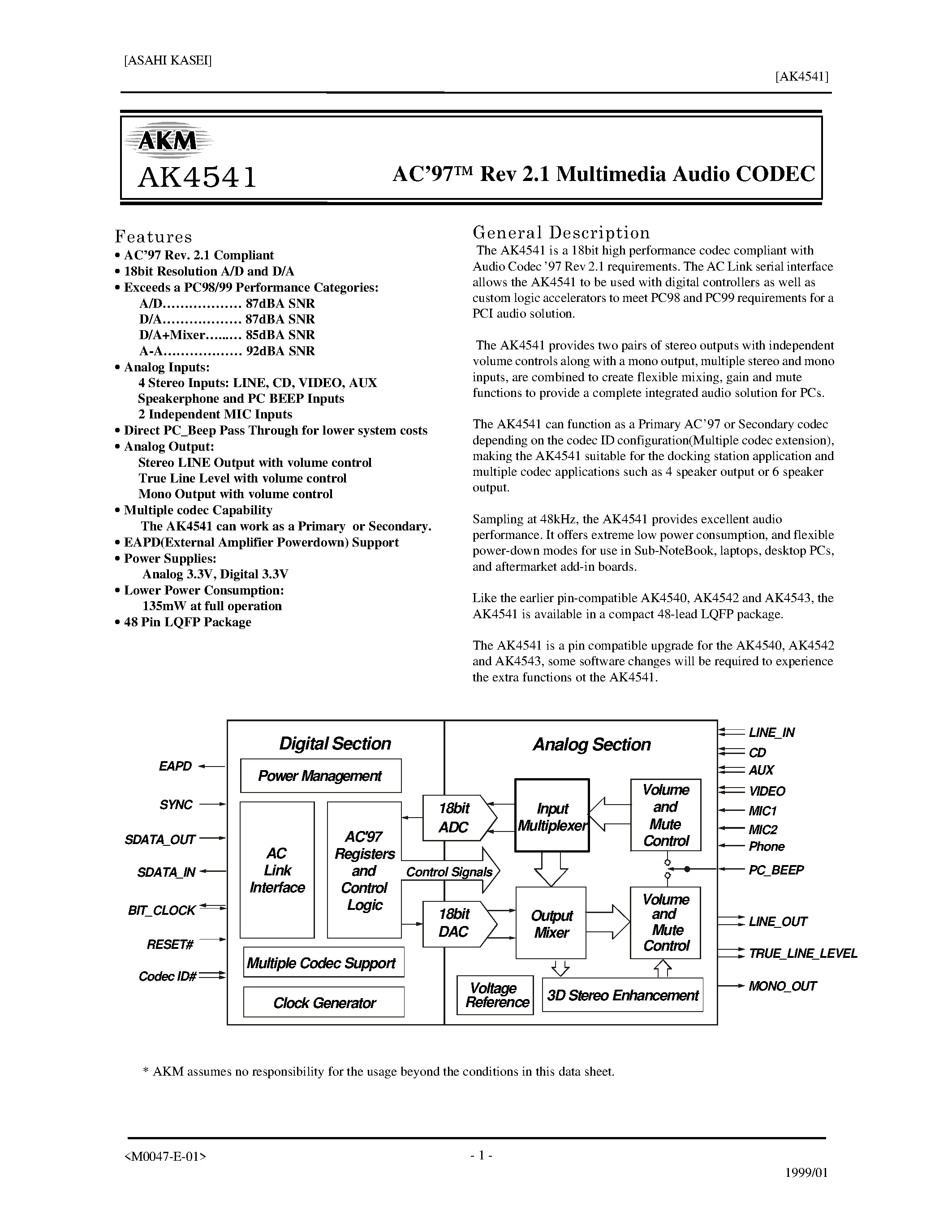 Даташит на микросхему AK4541VQ страница 1 Даташит AK4541VQ - AC97 Rev 2.1 Multimedia Audio CODEC страница 1