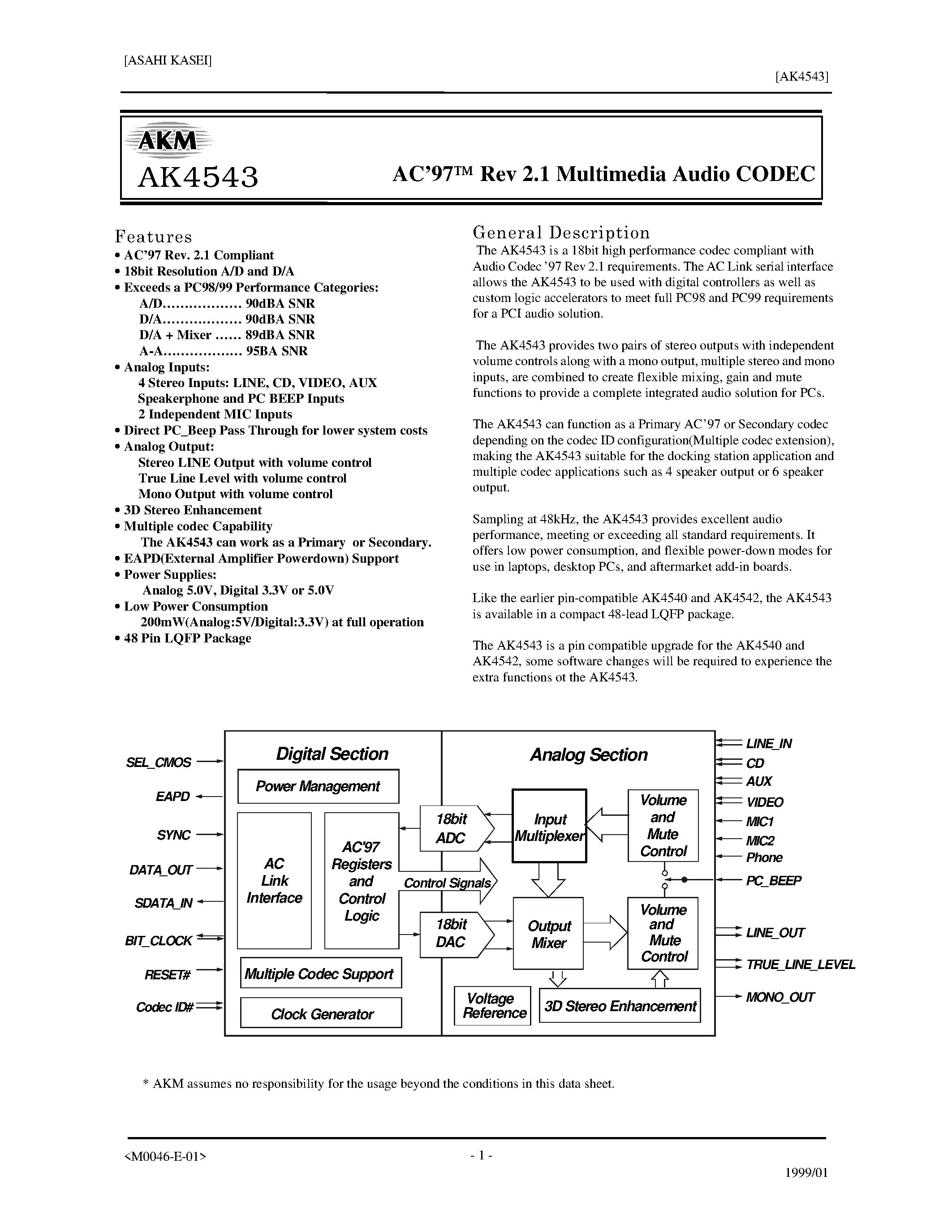 Даташит AK4543 - AC97 Rev 2.1 Multimedia Audio CODEC страница 1