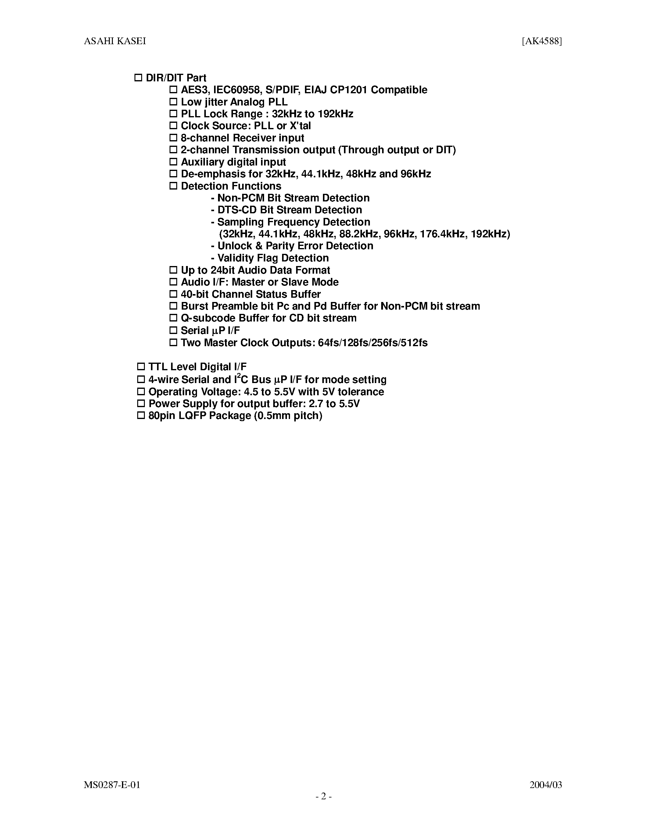 Даташит AK4588VQ - 2/8 CHANNEL AUDIO CODEC WITH DIR страница 2