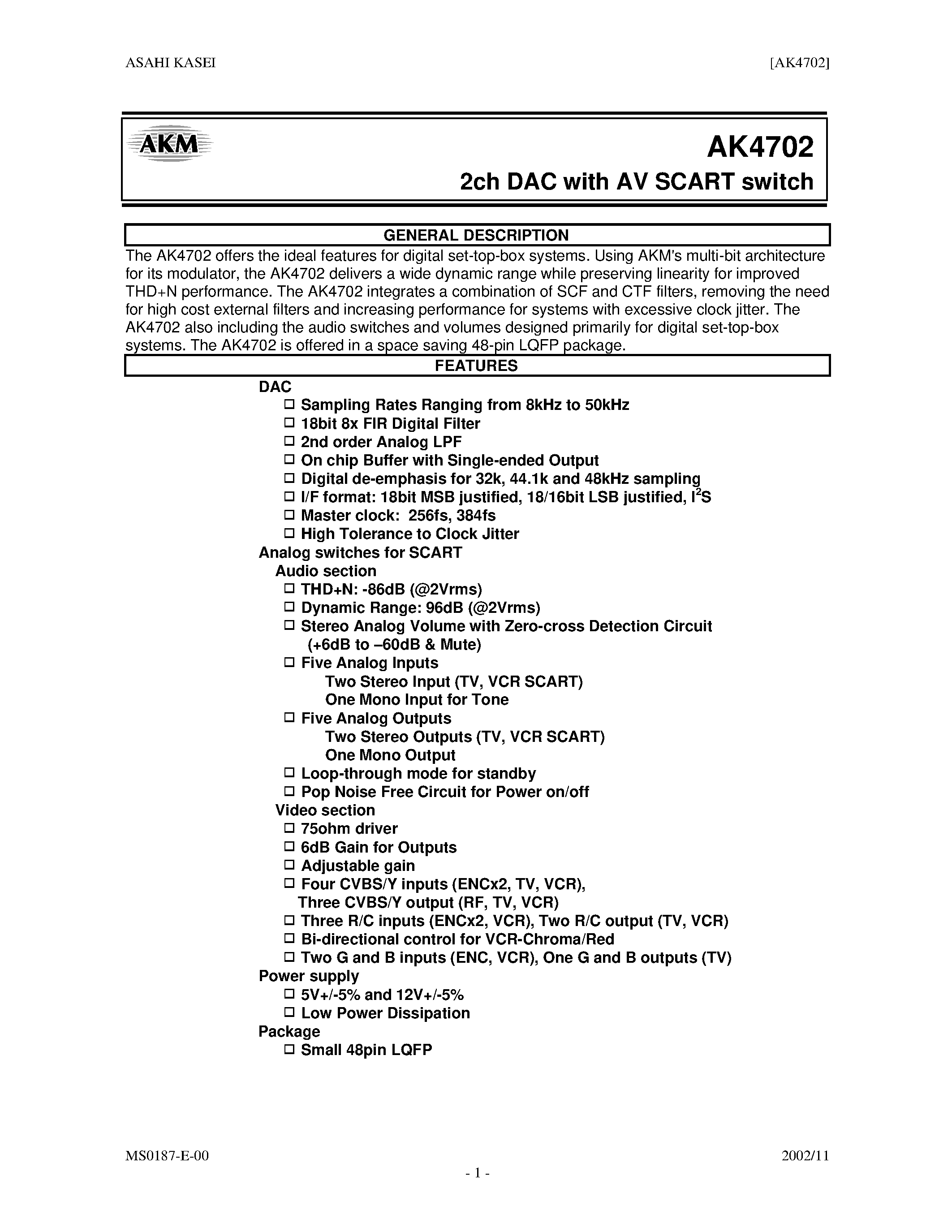 Datasheet AK4702 - 2CH DAC WITH AV SCART SWITCH page 1