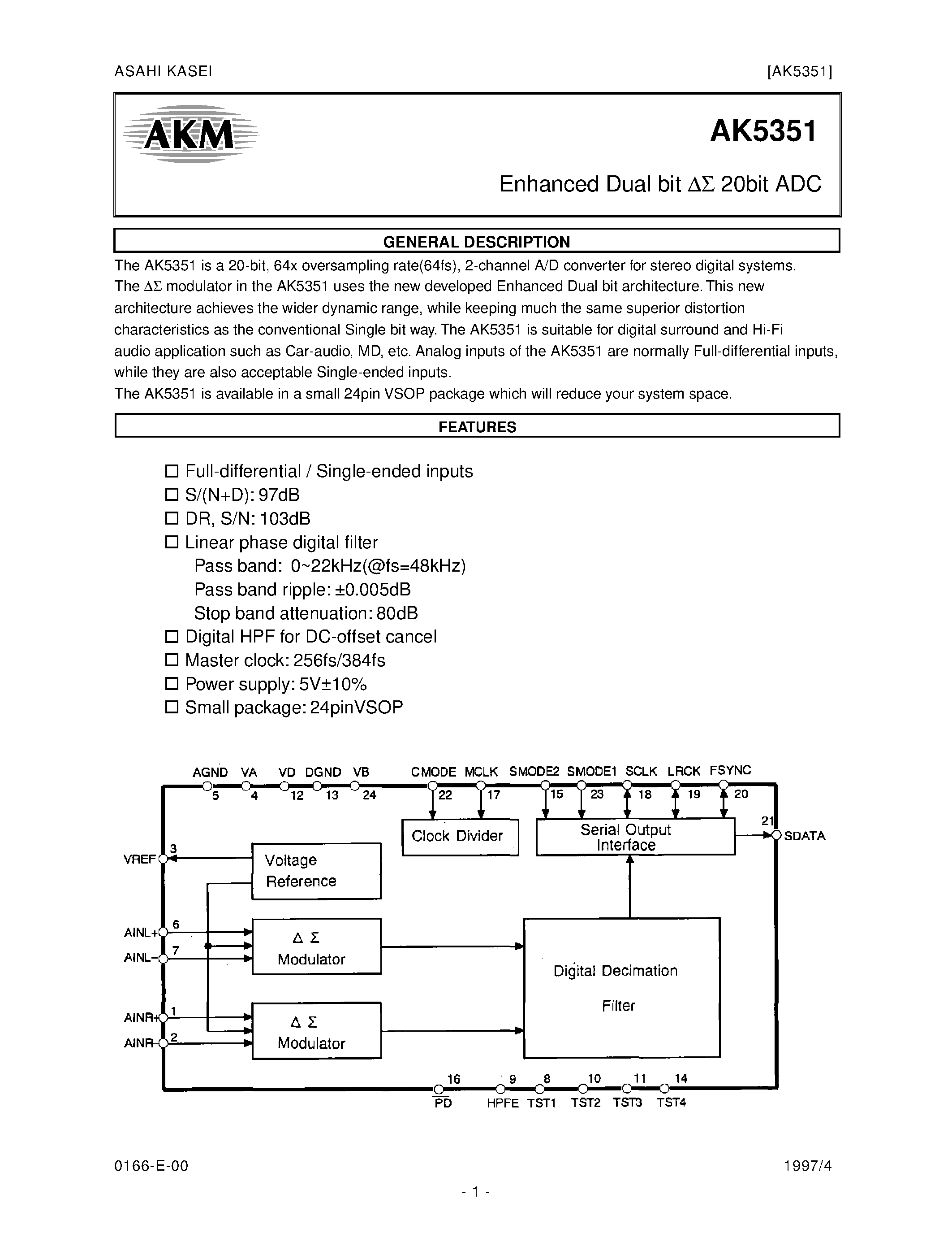 Datasheet AK5351-VF - Enhanced Dual bit 20bit ADC page 1