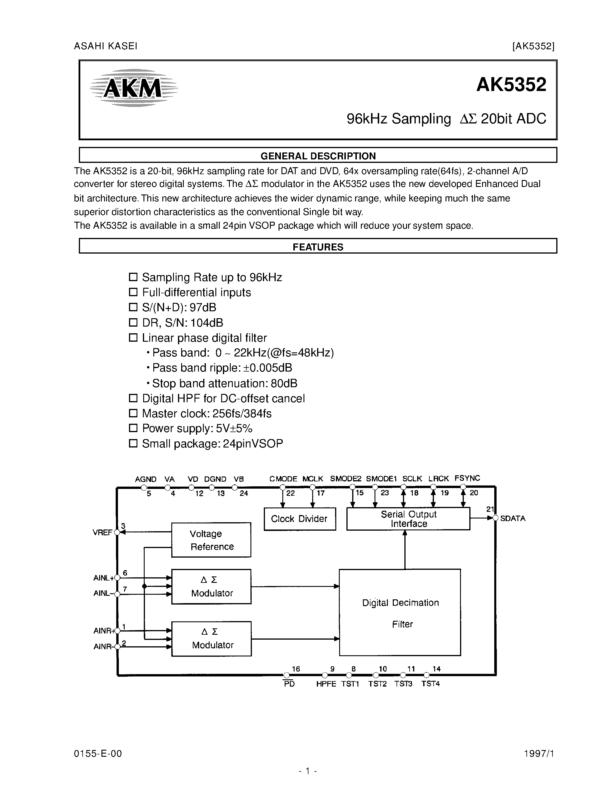 Datasheet AK5352-VF - 96kHz Sampling 20bit ADC page 1