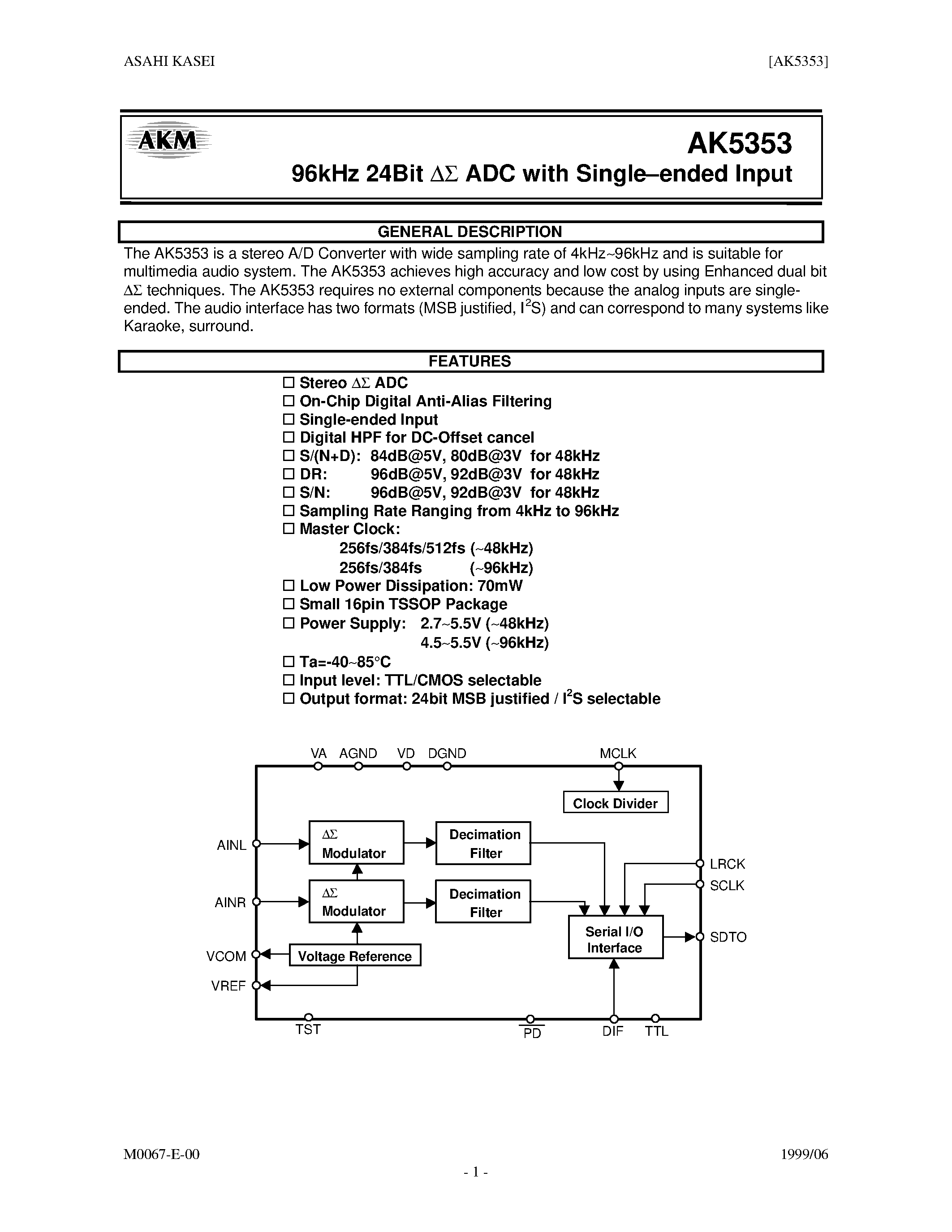 Datasheet AK5353VT - 96kHz 24BIT ADC WITH SIGLE-ENDED INPUT page 1