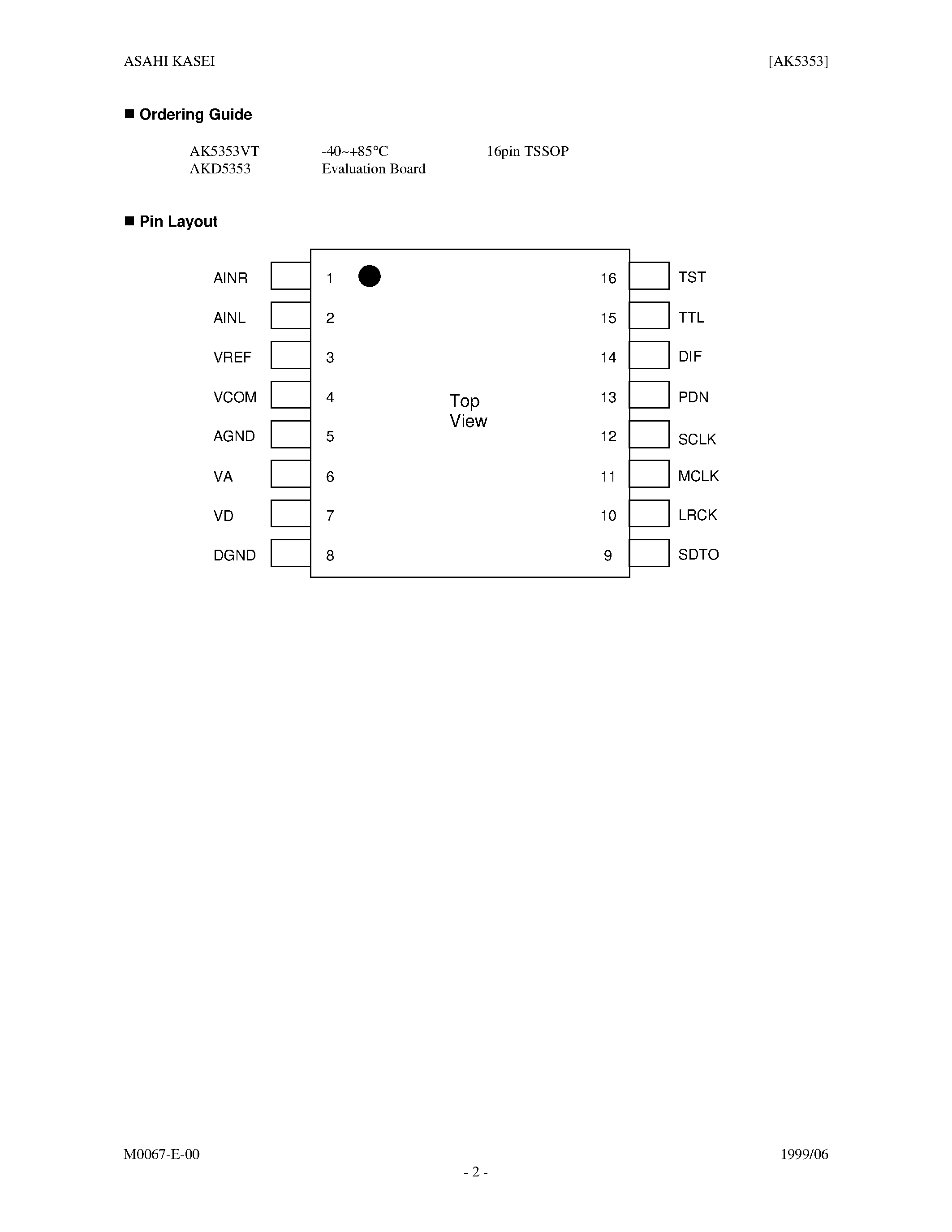 Datasheet AK5353VT - 96kHz 24BIT ADC WITH SIGLE-ENDED INPUT page 2