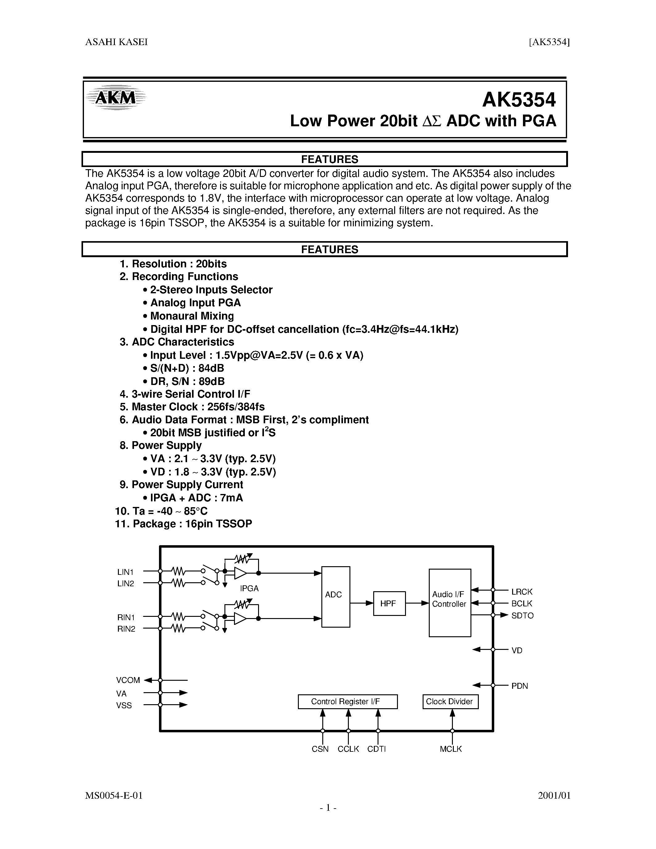Datasheet AK5354VT - LOW POWER 20 BIT ADC WITH PGA page 1
