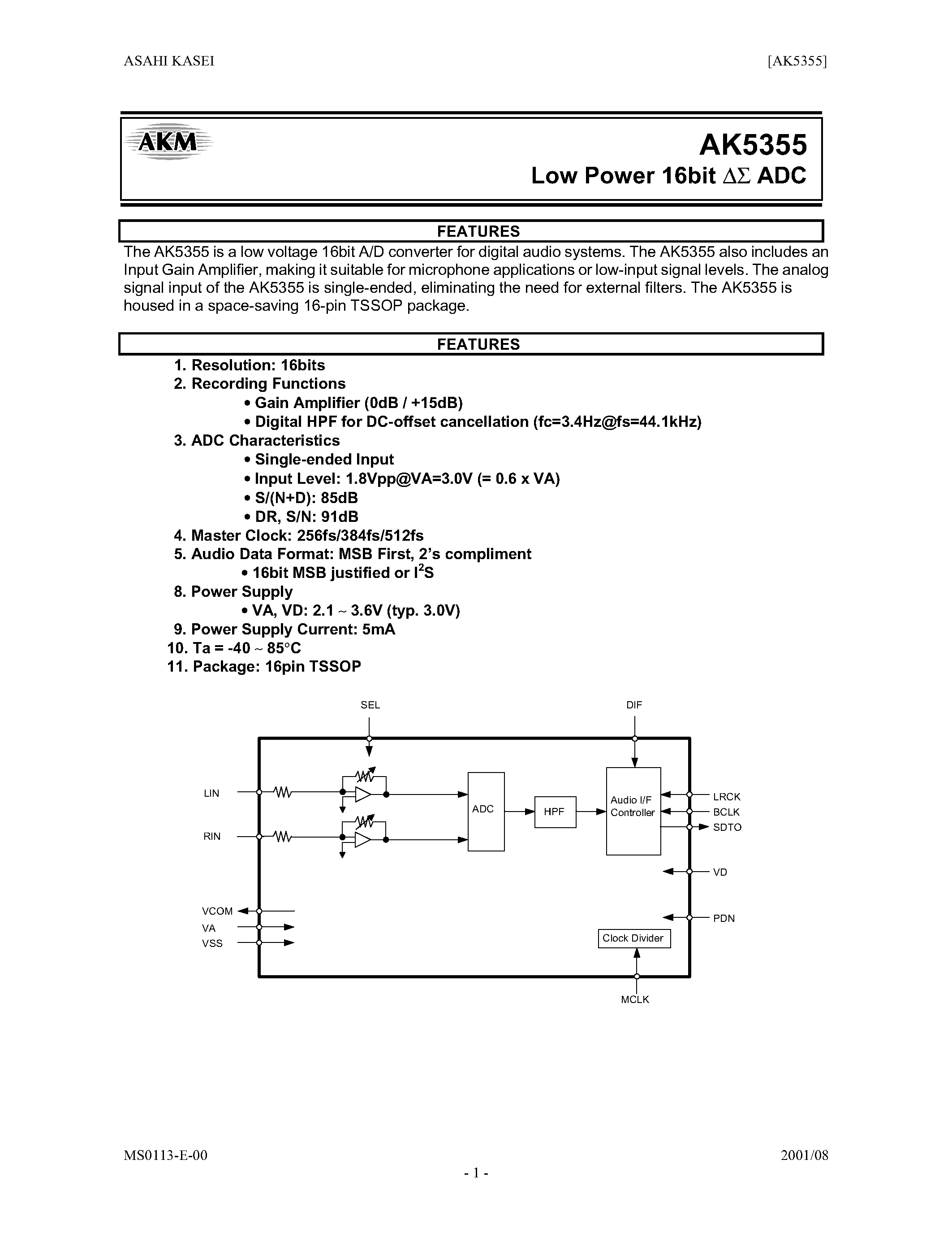 Datasheet AK5355VT - LOW POWER 16BIT ADC page 1