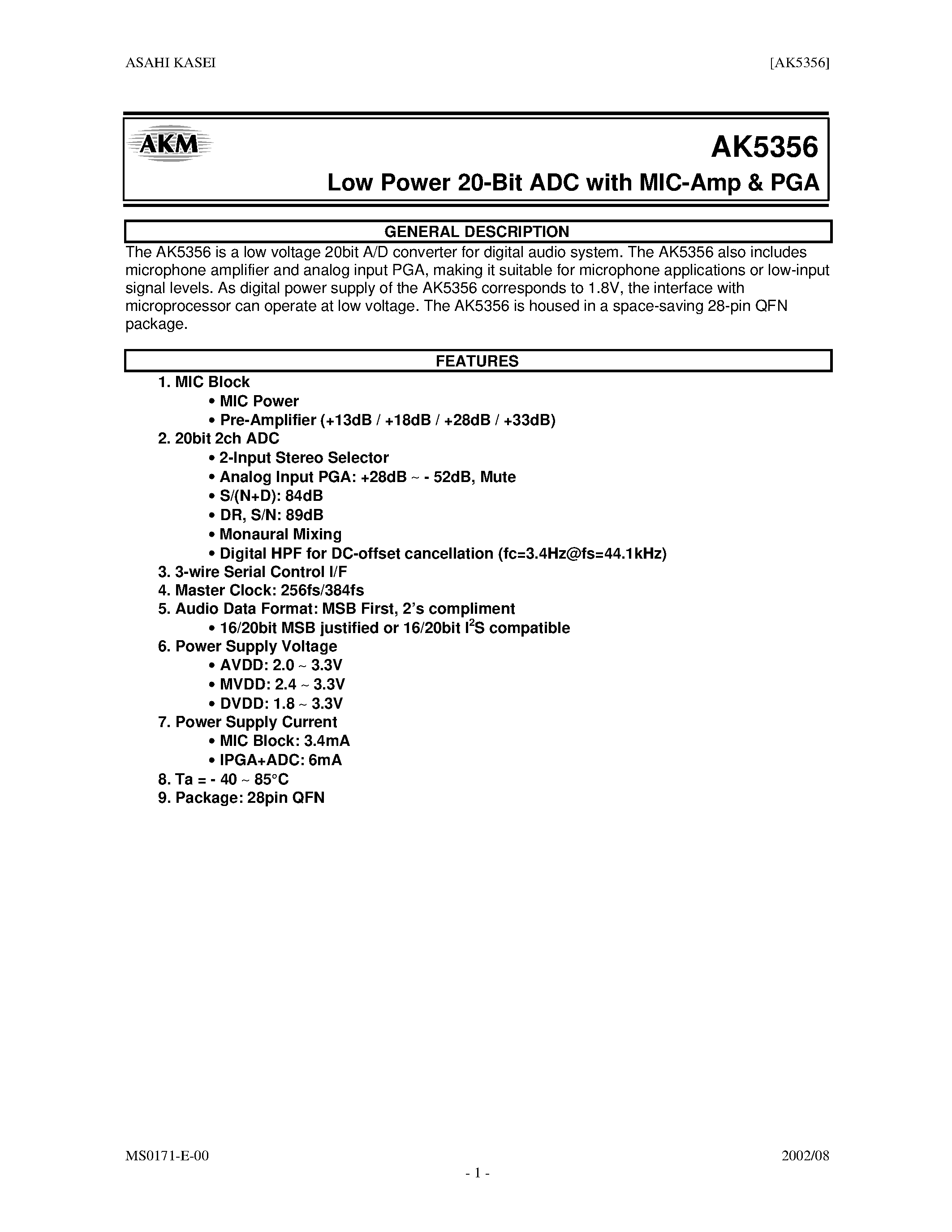 Datasheet AK5356 - LOW POWER 20BIT ADC WITH MIC AMP & PGA page 1