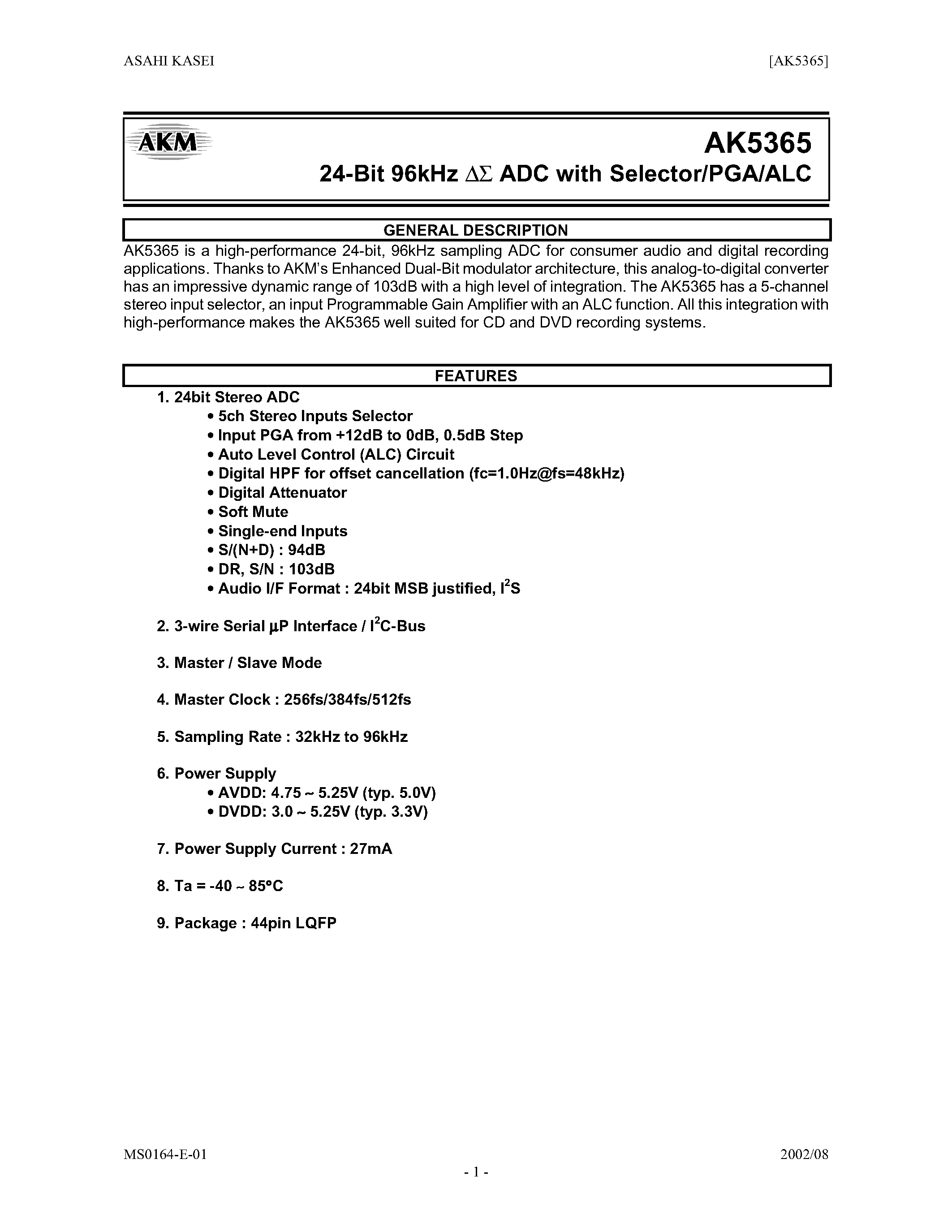 Datasheet AK5365 - 24-BIT 96KHZ ADC WITH SELETOR/PGA/ALCl page 1