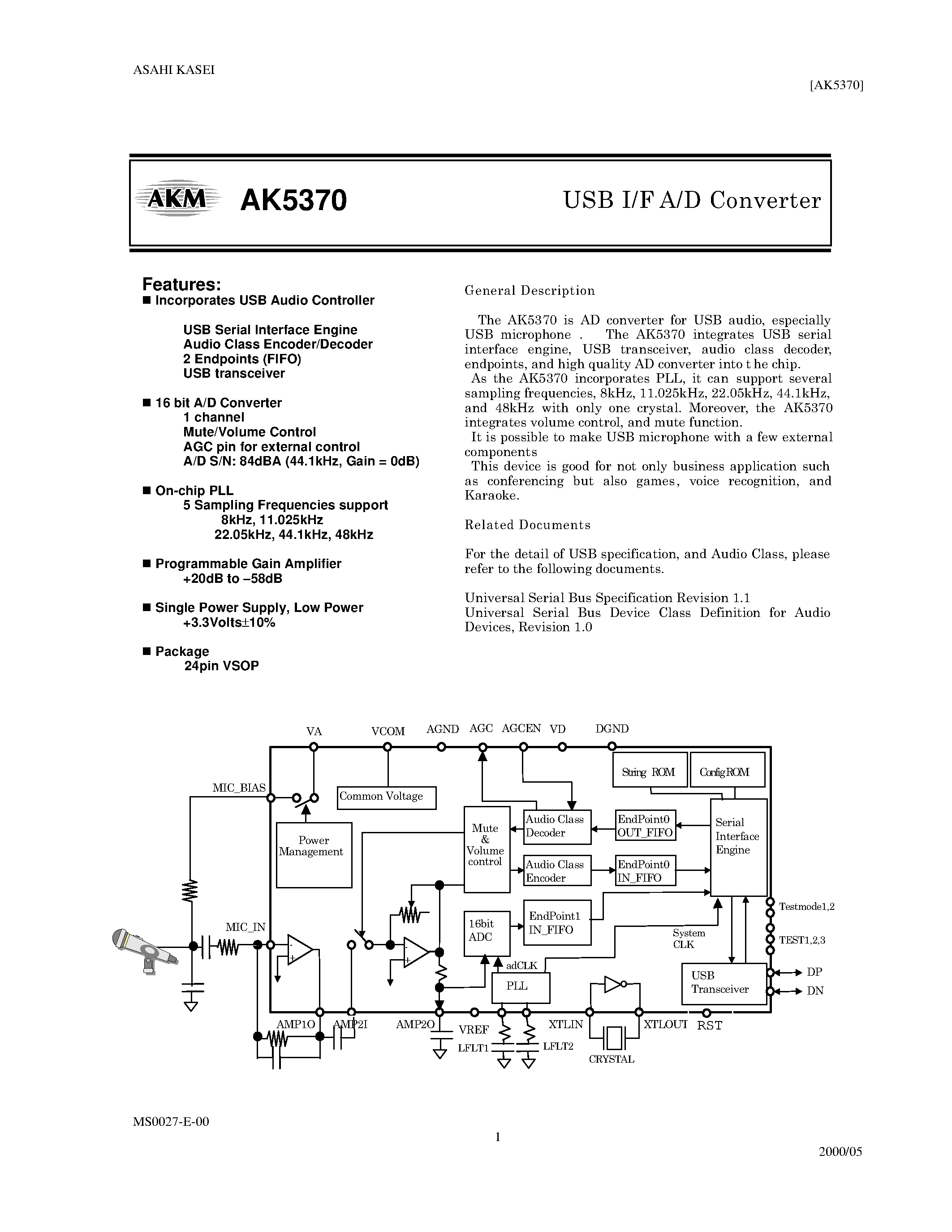 Datasheet AK5370VF - USB I/F A/D CONVERTER page 1