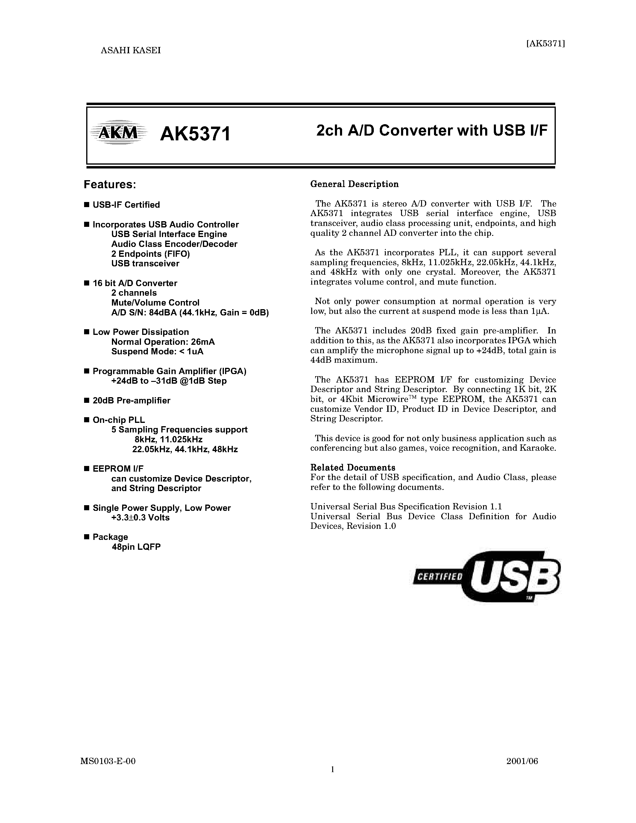 Datasheet AK5371 - 2CH A/D CONVERTER WITH USB I/F page 1