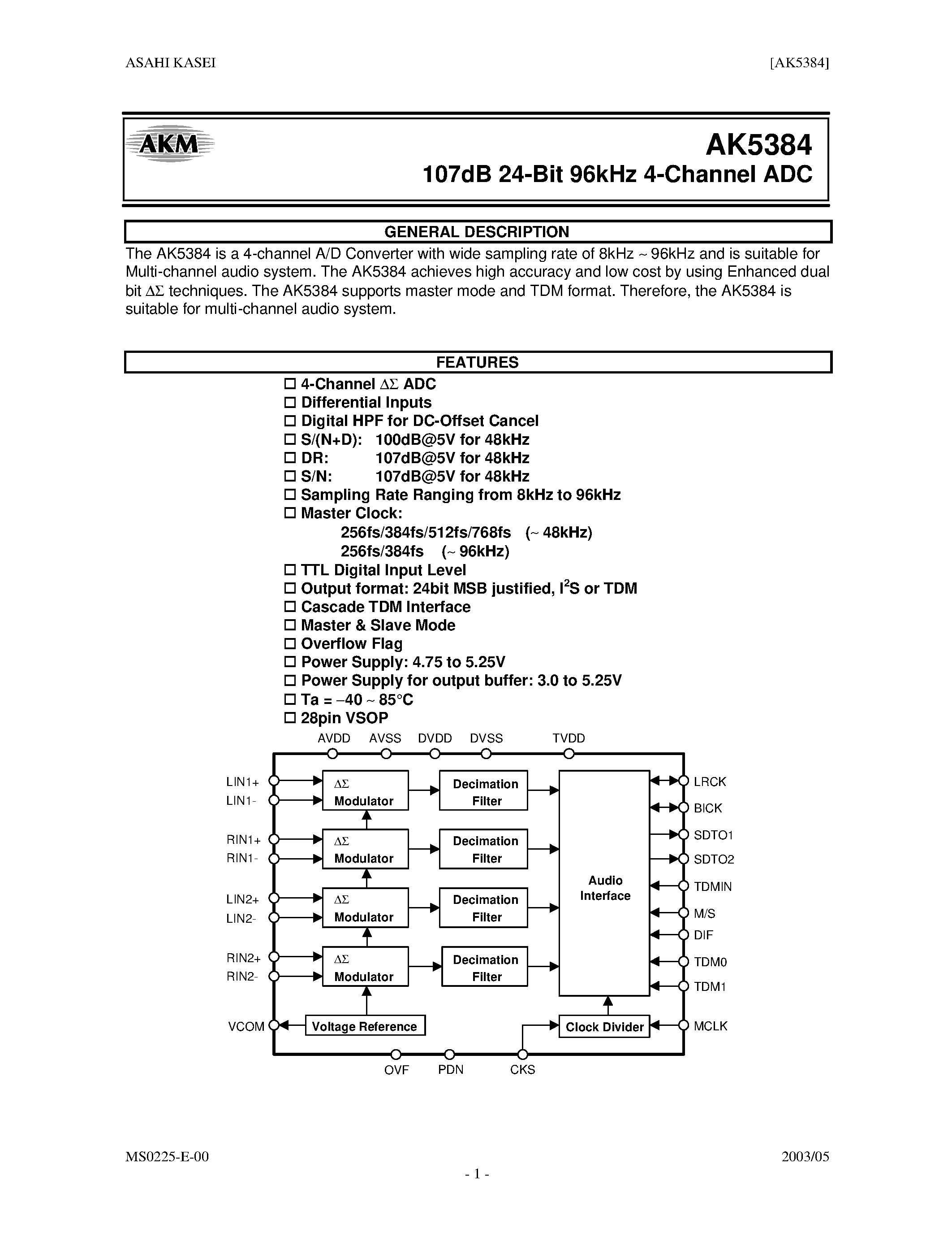 Datasheet AK5384 - 107 DB 24 BIT 96KHZ 4 CHANNEL ADC page 1