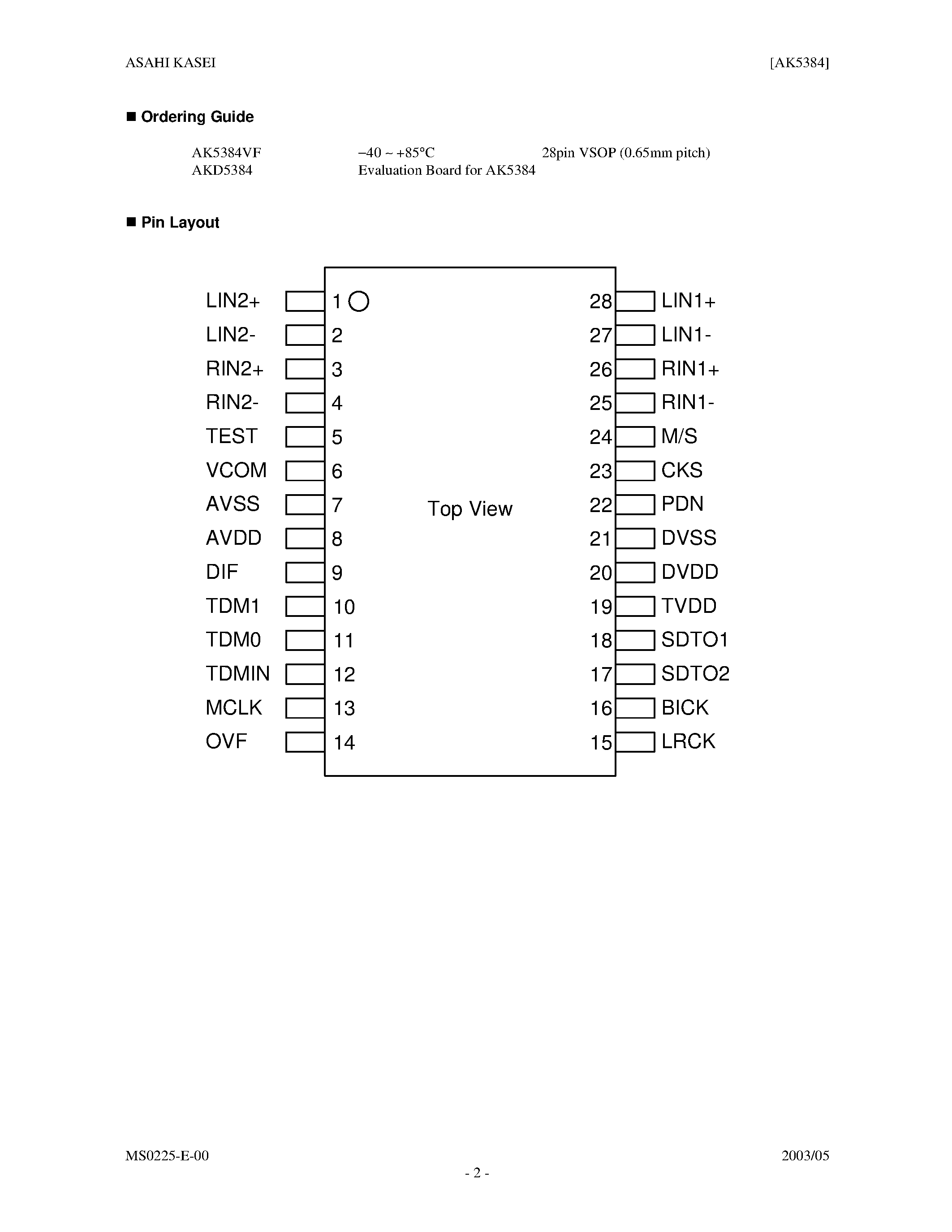 Datasheet AK5384 - 107 DB 24 BIT 96KHZ 4 CHANNEL ADC page 2
