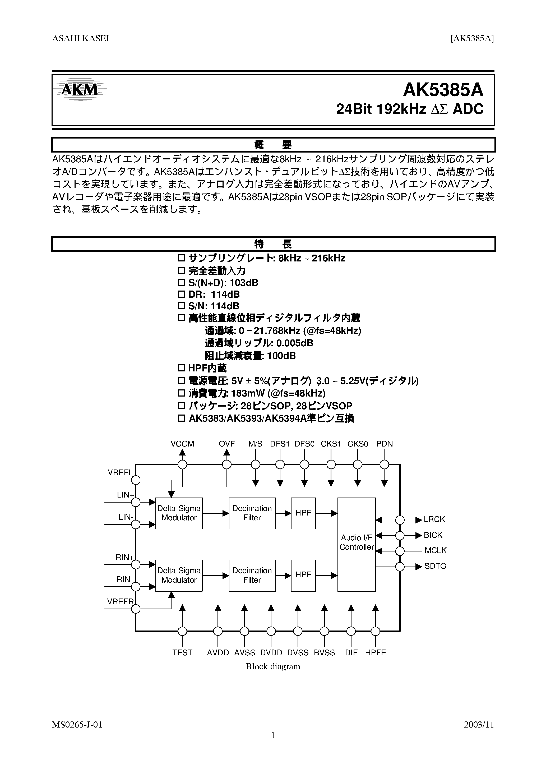 Datasheet AK5385A - 24BIT 192KHZ ADC page 1