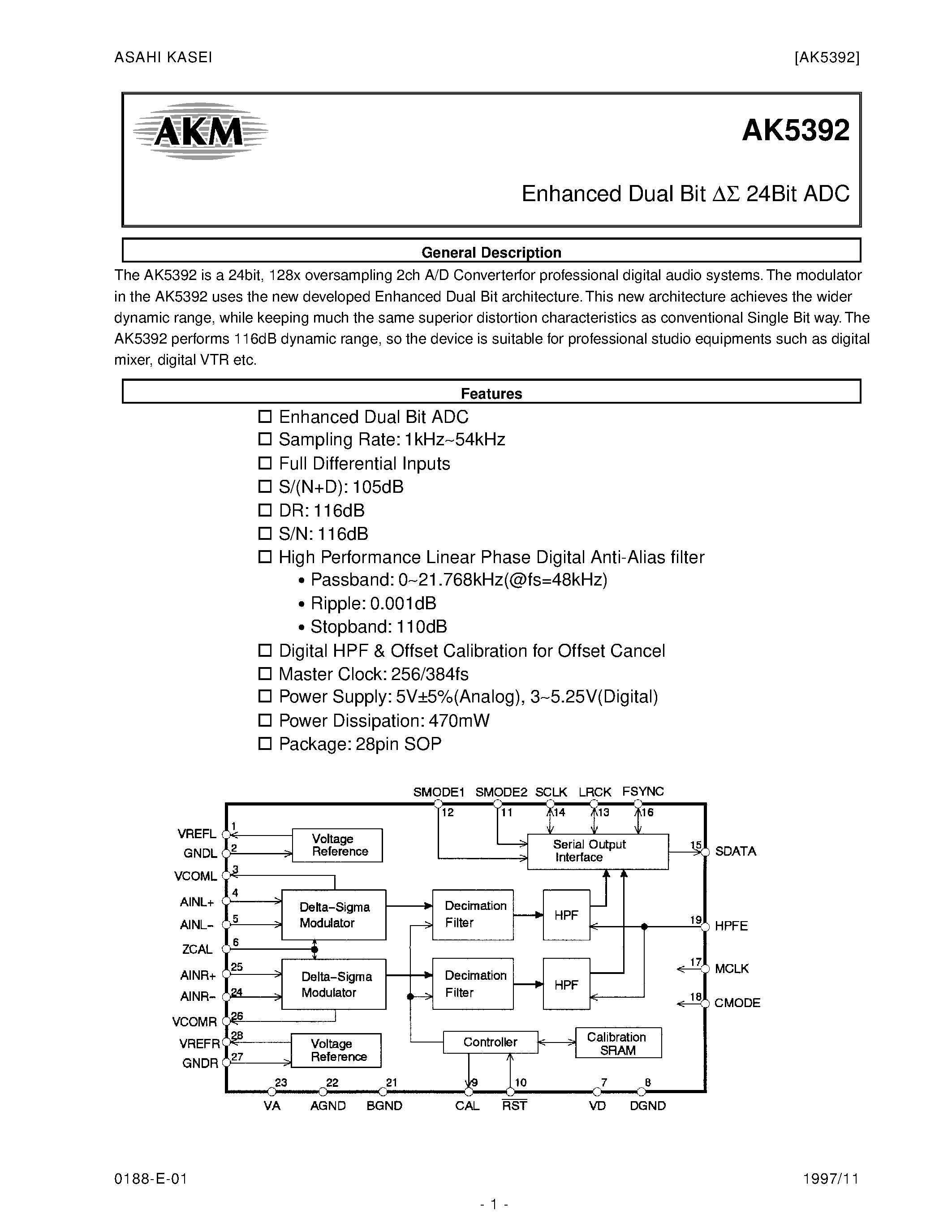 Datasheet AK5392-VS - Enhanced Dual Bit 24Bit ADC page 1