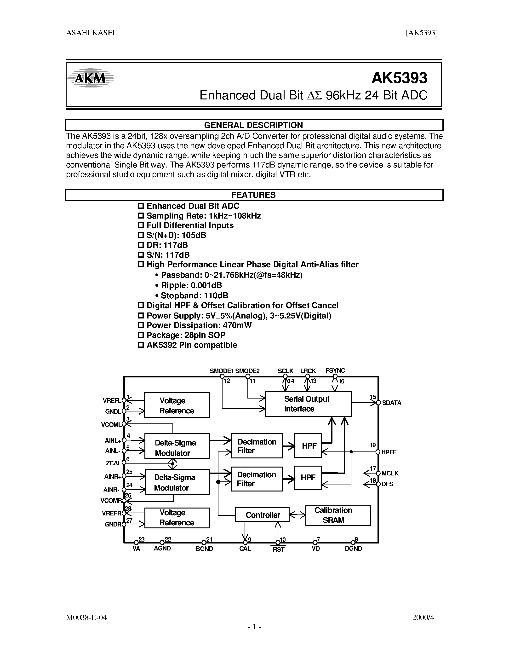 Datasheet AK5393-VS - Enhanced Dual bit 96 kHz 24-bit ADC page 1