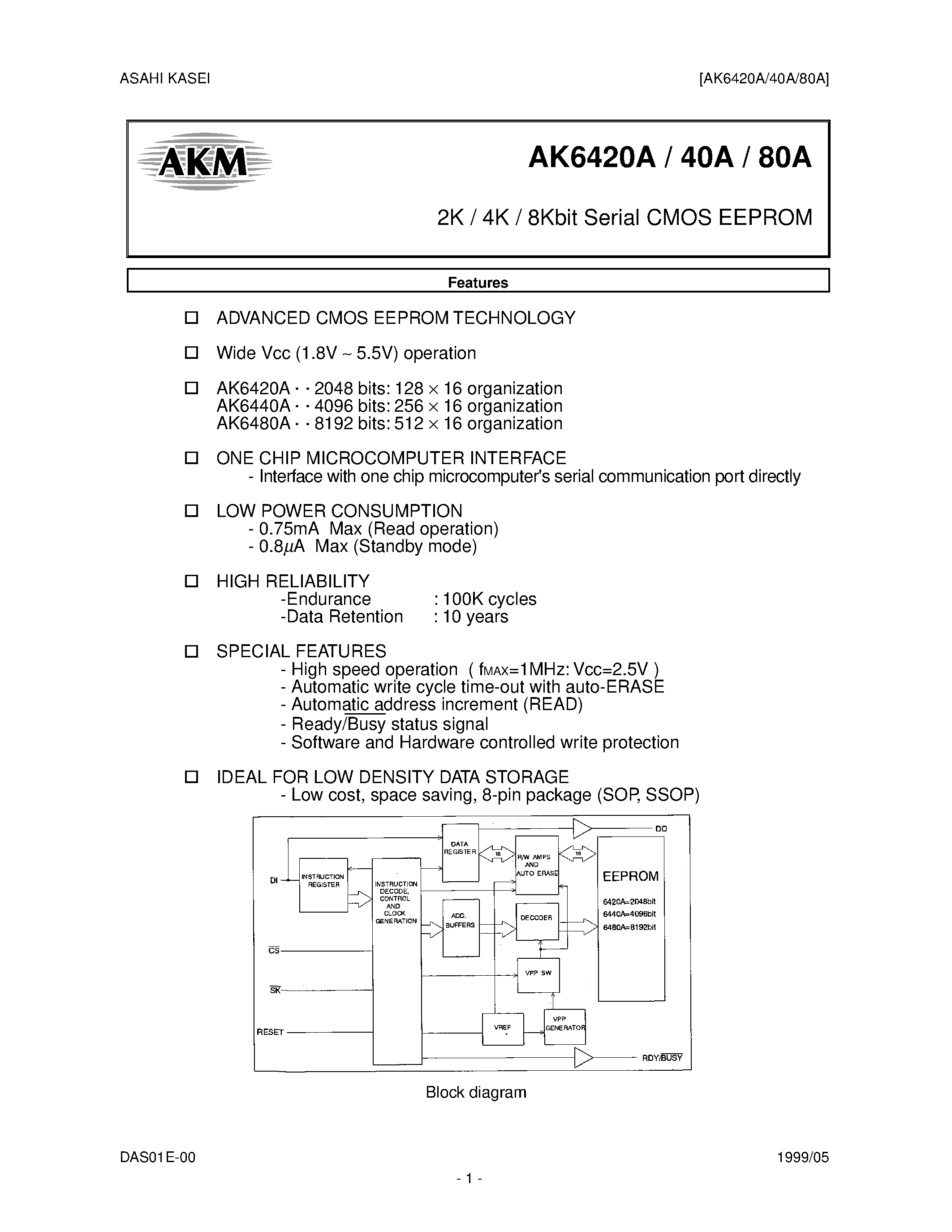 Даташит AK6420A-1 - 2K / 4K / 8Kbit Serial CMOS EEPROM страница 1
