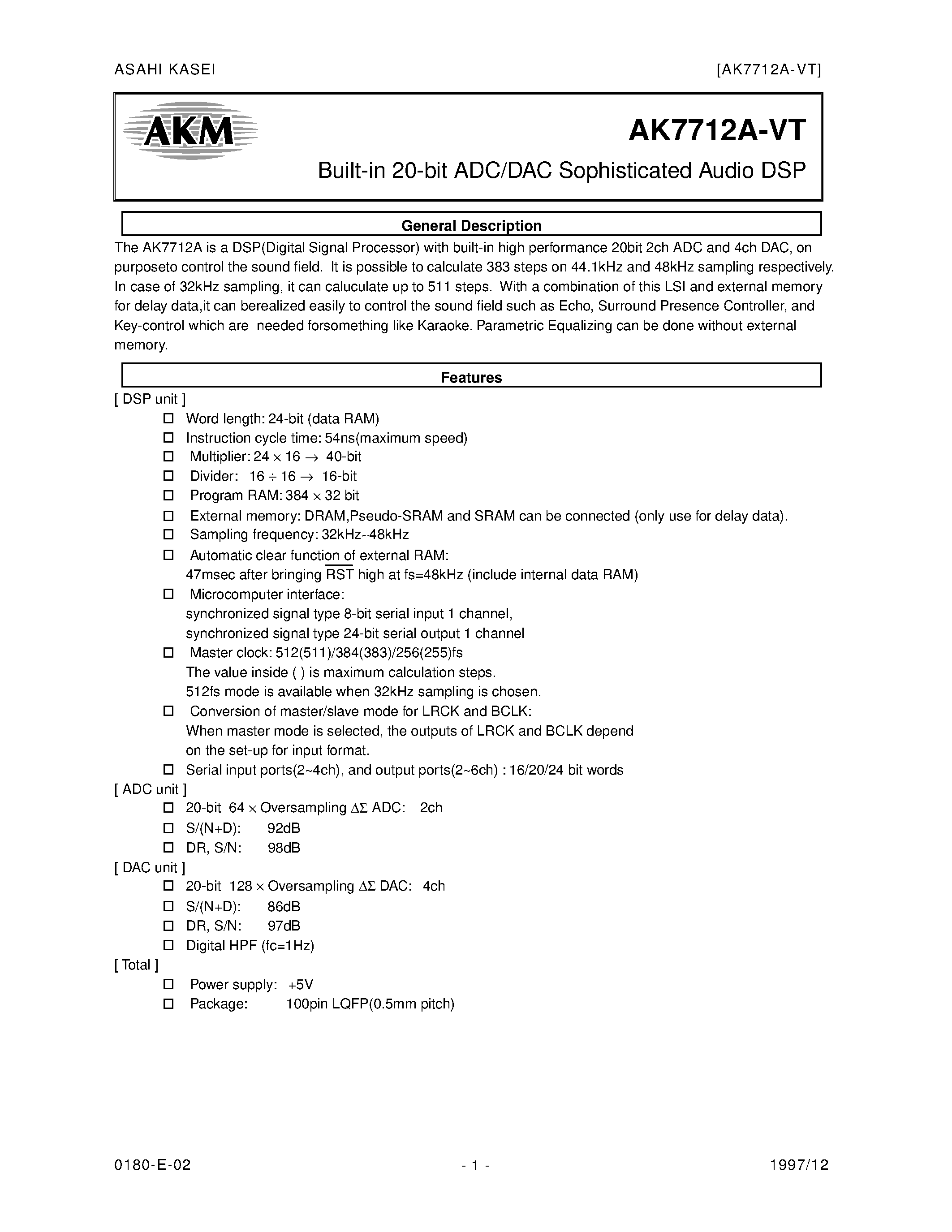 Datasheet AK7712 - Built-in 20-bit ADC/DAC Sophisticated Audio DSP page 1