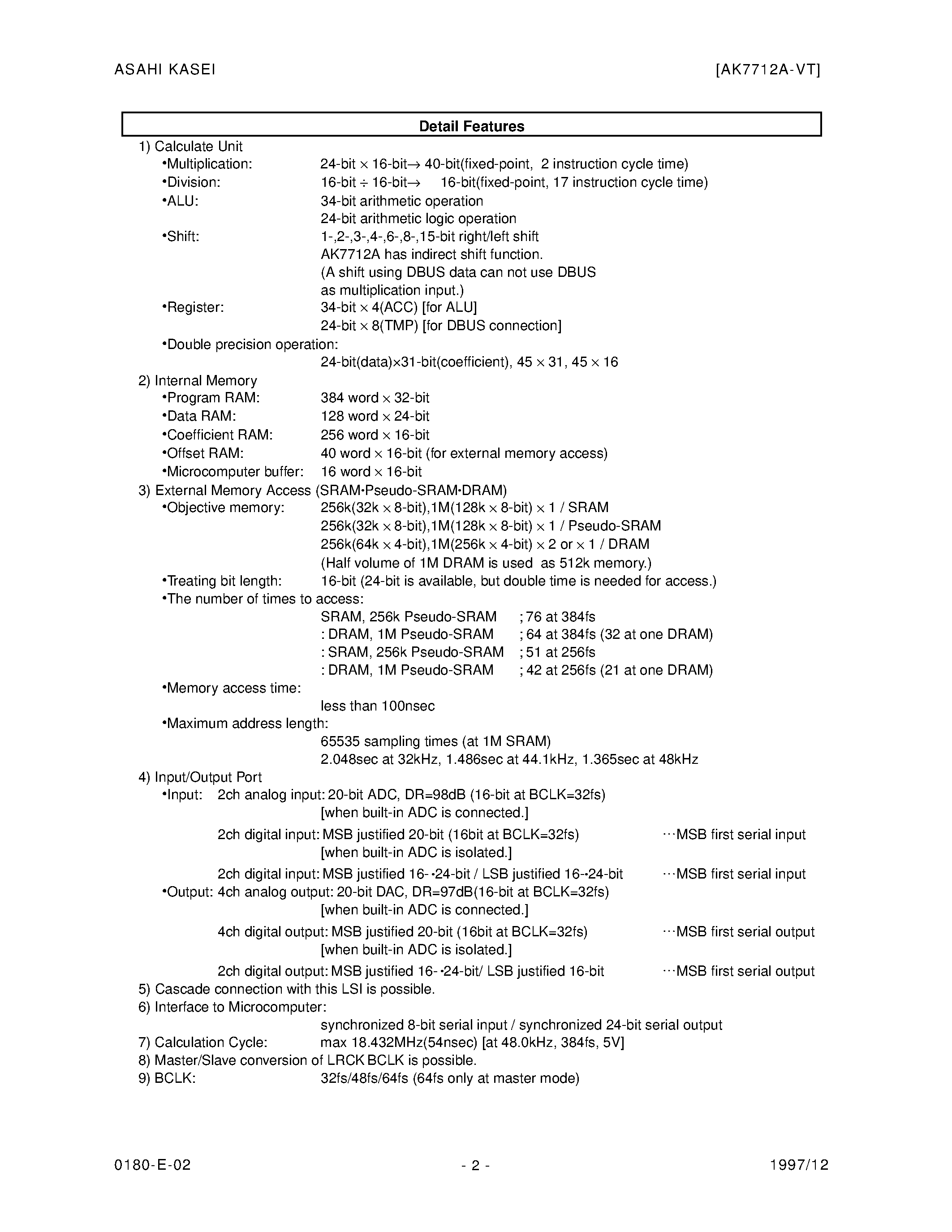 Datasheet AK7712A-VT - Built-in 20-bit ADC/DAC Sophisticated Audio DSP page 2