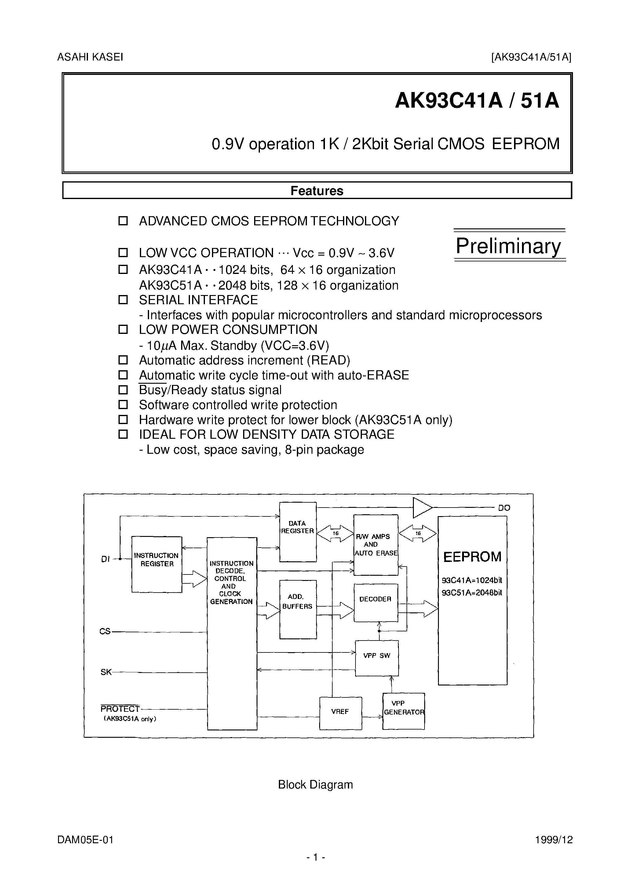 Datasheet AK93C41A - 0.9V operation 1K / 2Kbit Serial CMOS EEPROM page 1