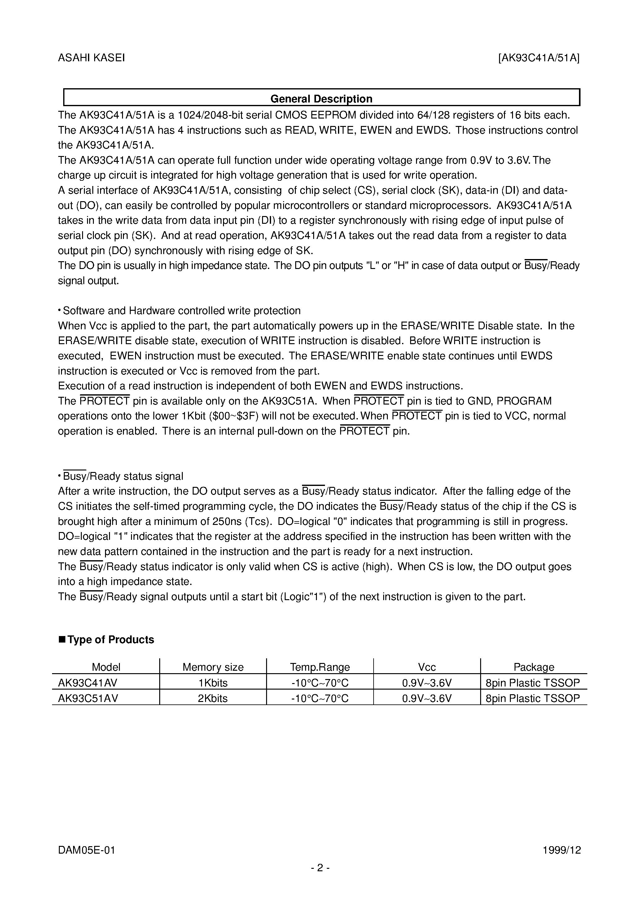 Datasheet AK93C51A - 0.9V operation 1K / 2Kbit Serial CMOS EEPROM page 2