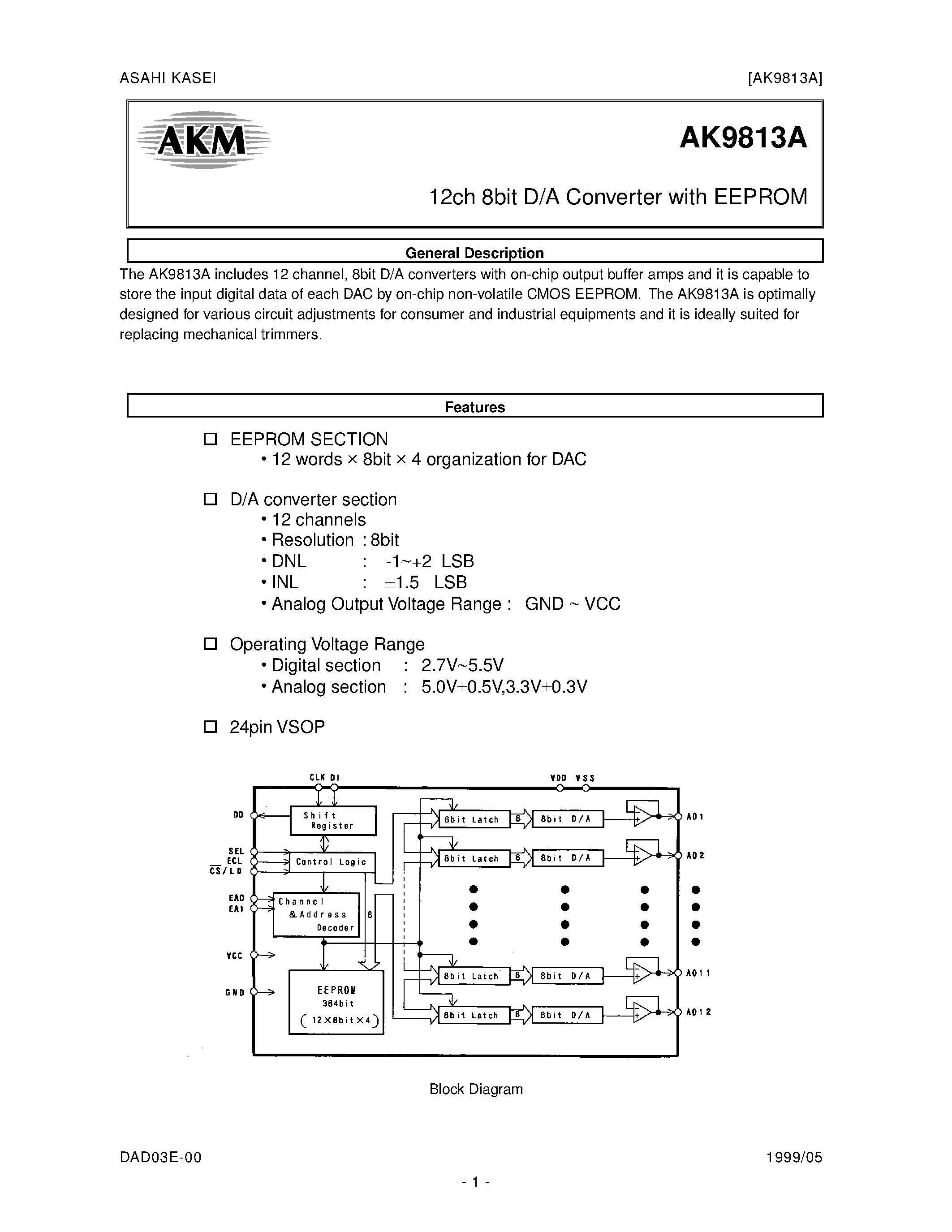 Даташит AK9813A - 12ch 8bit D/A Converter with EEPROM страница 1
