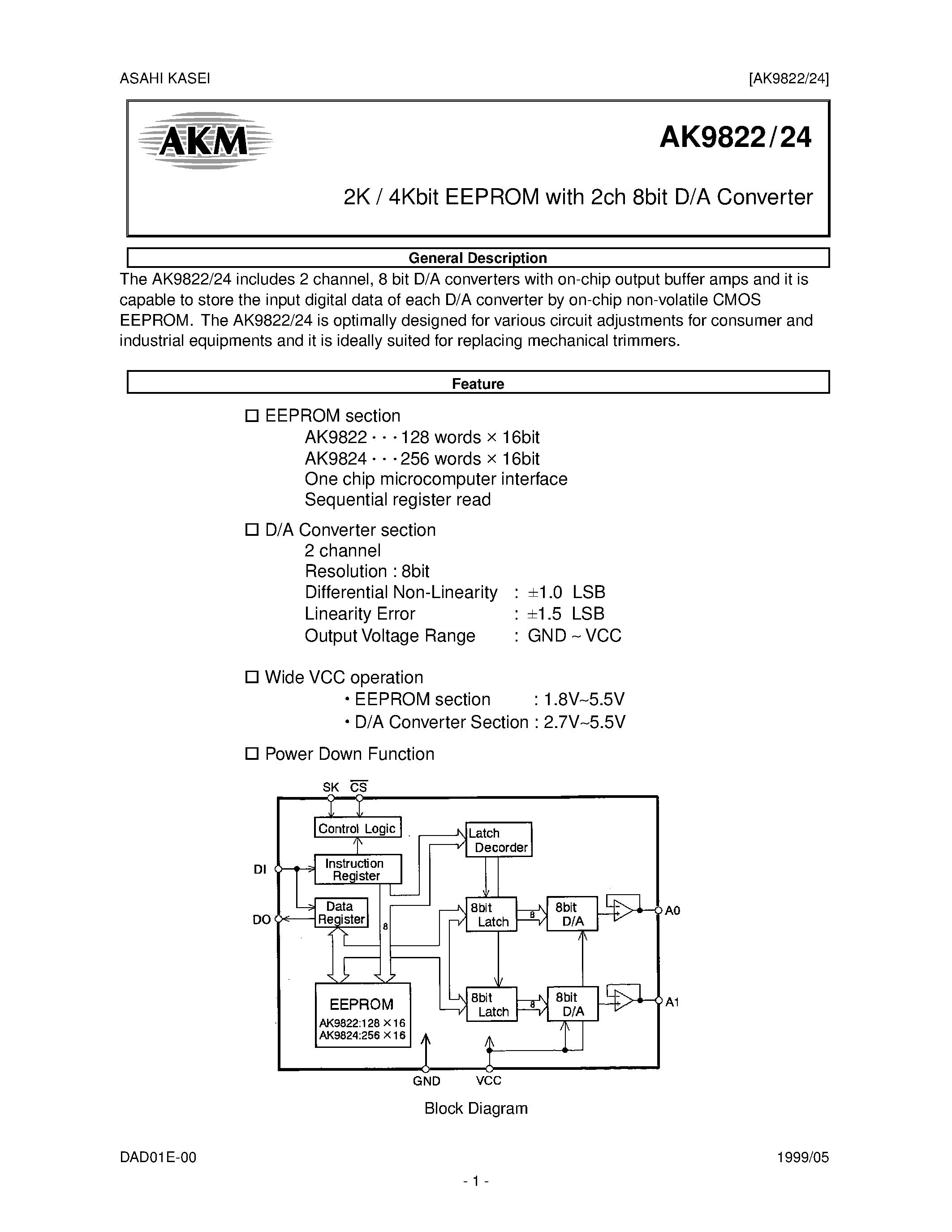 Даташит на микросхему AK9824 страница 1 Даташит AK9824 - 2K / 4Kbit EEPROM with 2ch 8bit D/A Converter страница 1