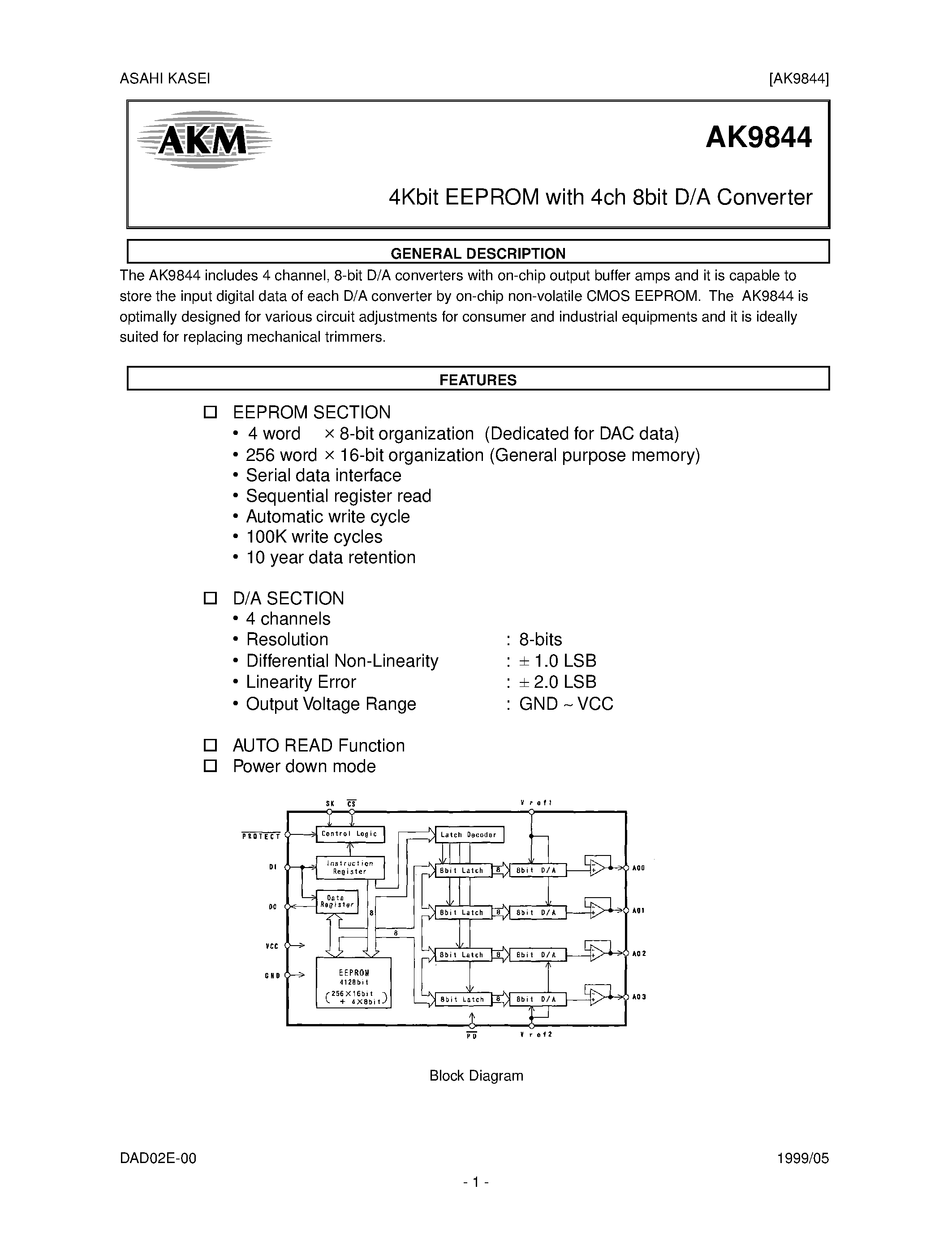 Даташит AK9844F - 4Kbit EEPROM with 4ch 8bit D/A Converter страница 1