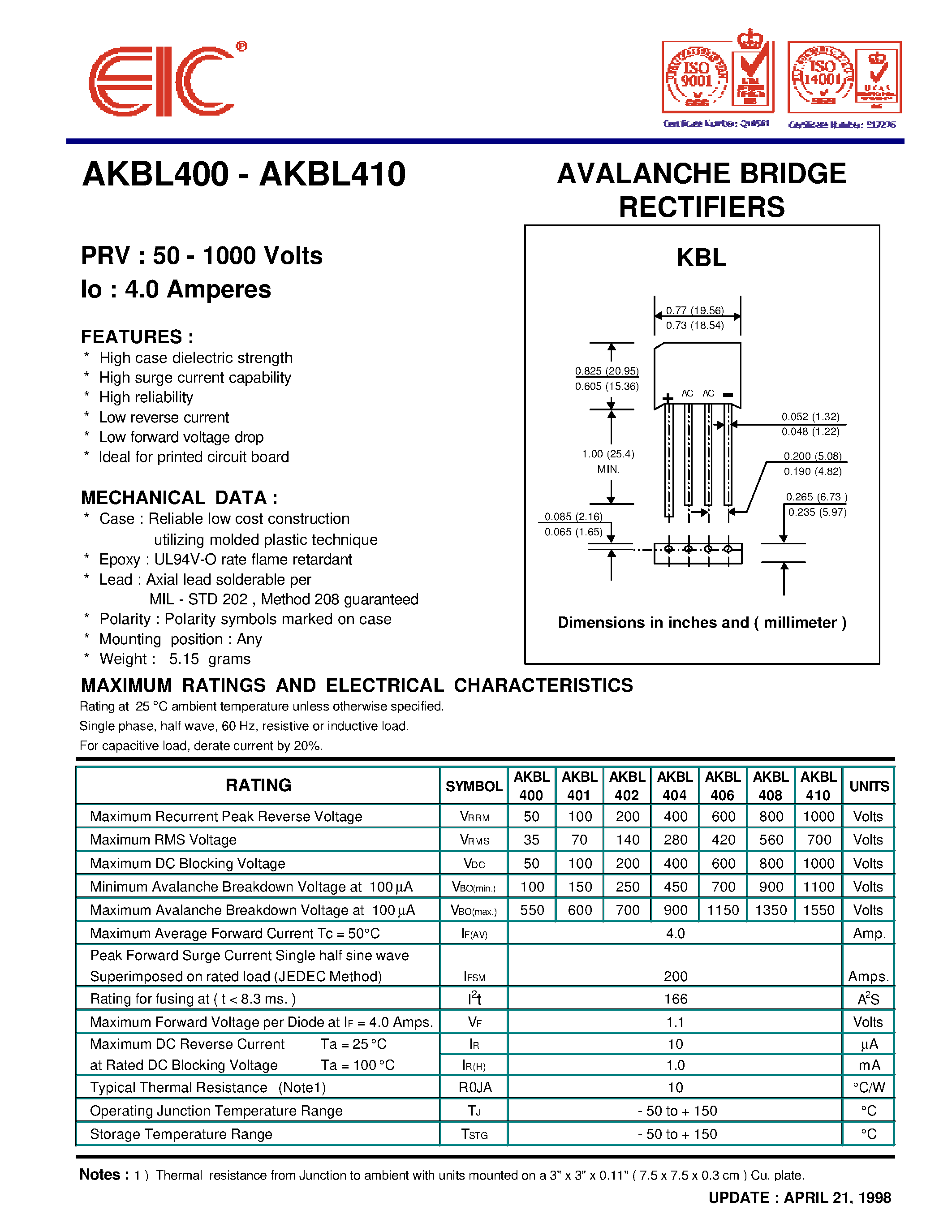 Datasheet AKBL402 page 1 Datasheet AKBL402 - AVALANCHE BRIDGE RECTIFIERS page 1