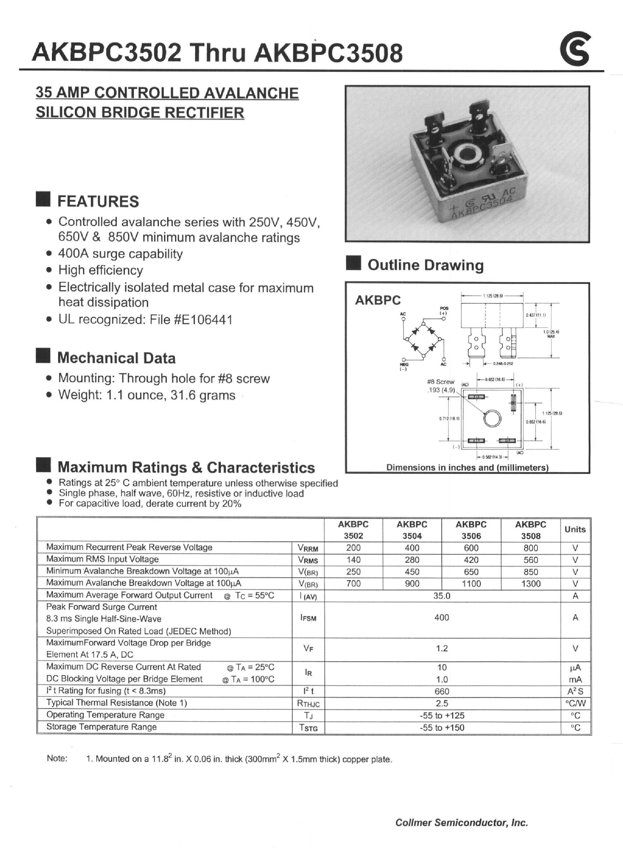 Datasheet AKBPC3502 page 1 Datasheet AKBPC3502 - 35 AMP CONTROLLED AVALANCHE SILICON BRIDGE RECTIFIER page 1
