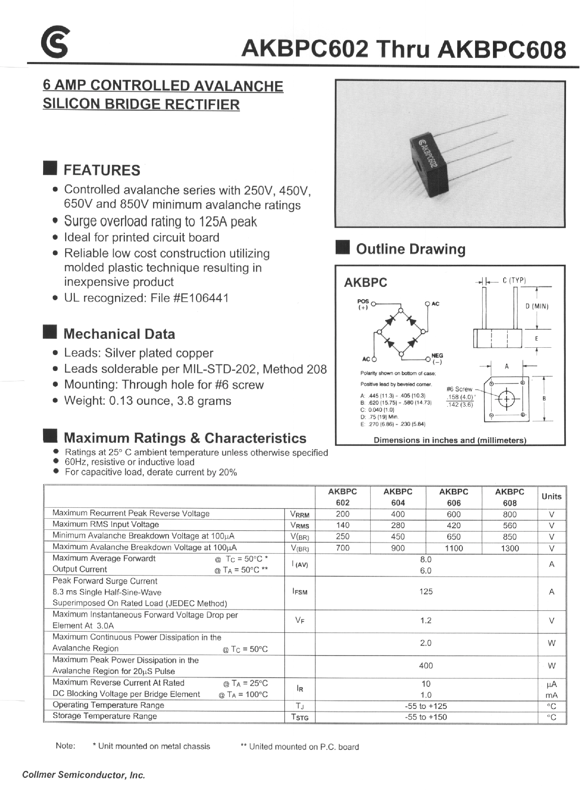 Datasheet AKBPC605 - 6 AMP CONTROLLED AVALANCHE SILICON BRIDGE RECTIFIER page 1