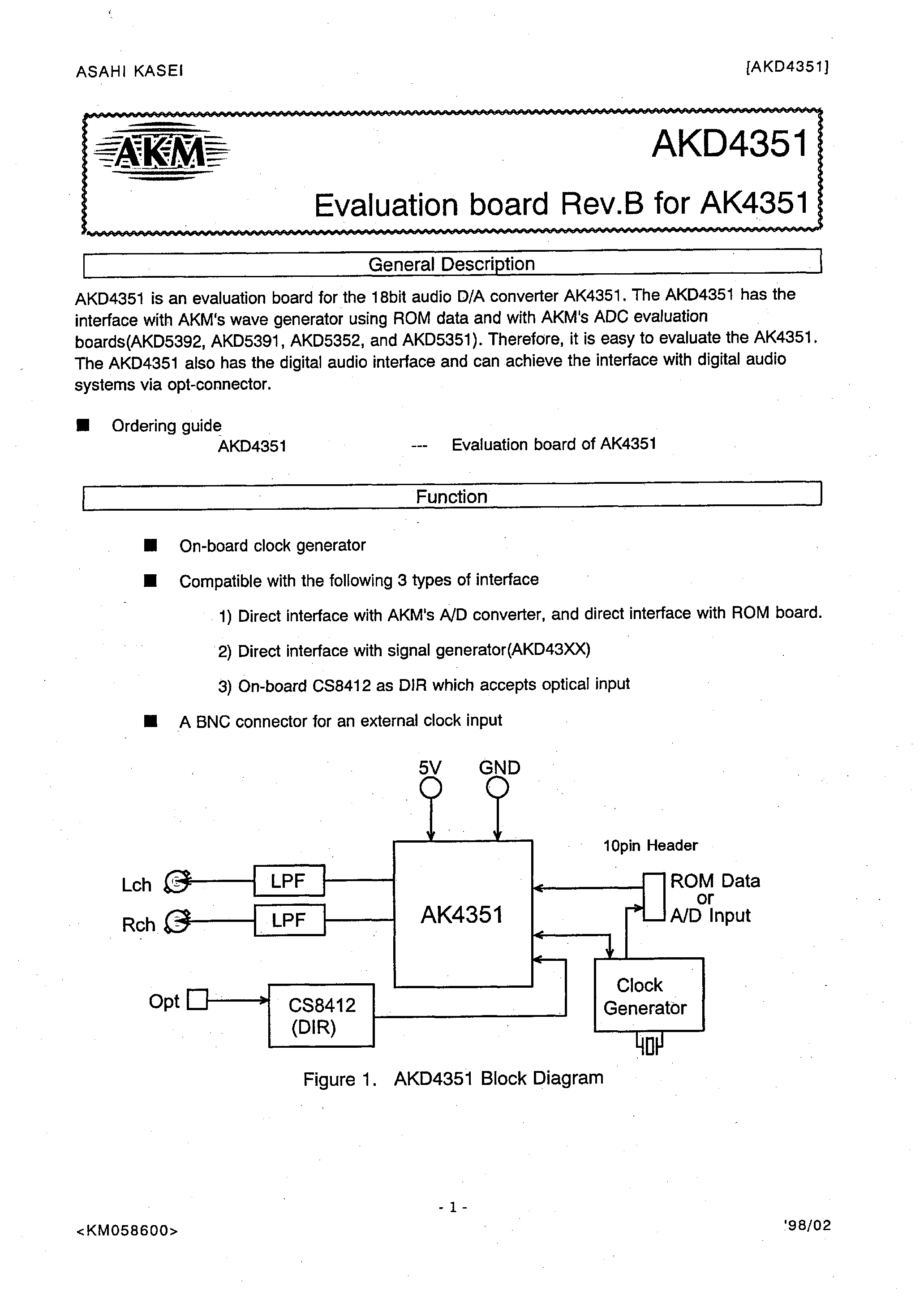Datasheet AKD4351 - 18 BIT ADVANCED MULTI BIT 2CH DAC page 1