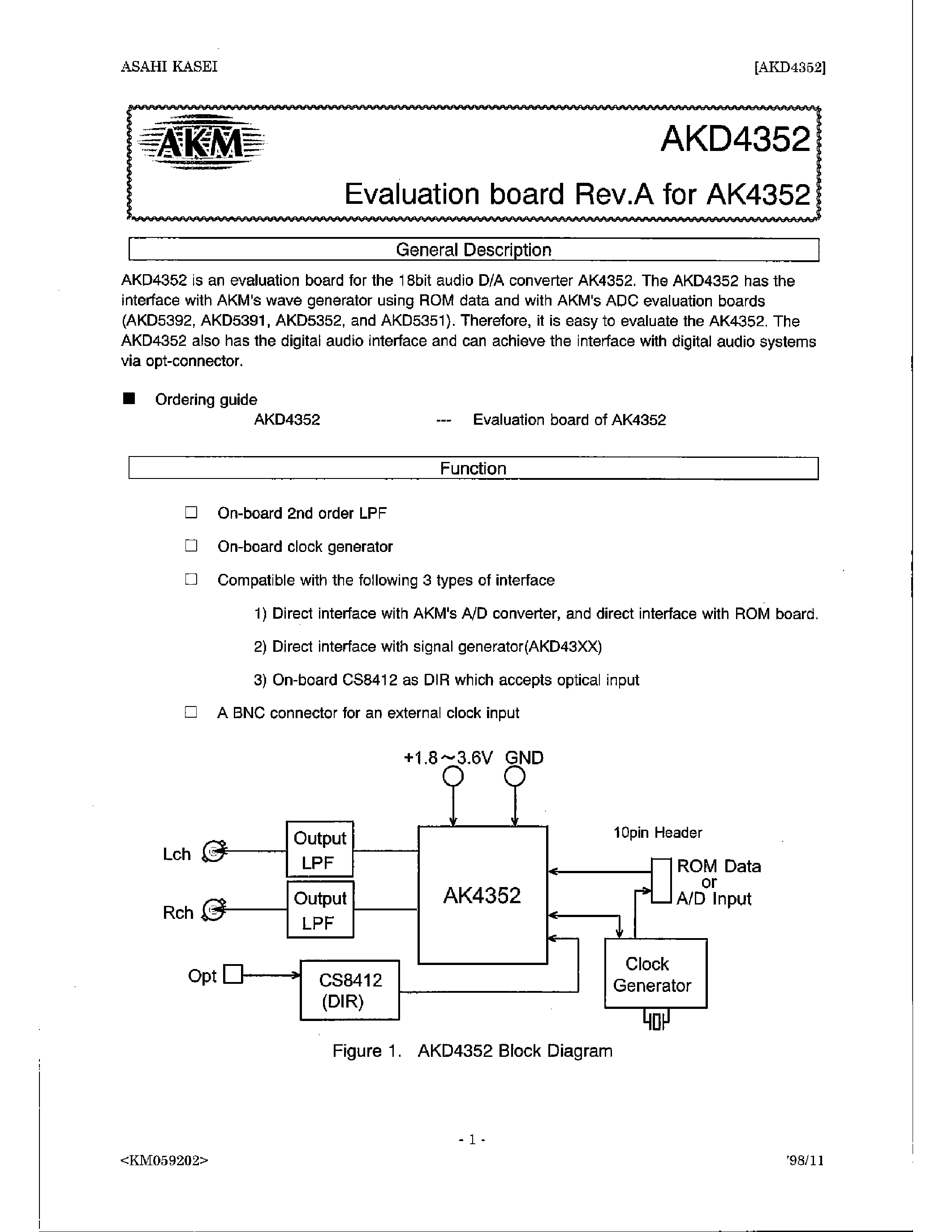 Datasheet AKD4352 - 2V & LOW POWER MULTI-BIT DAC page 1