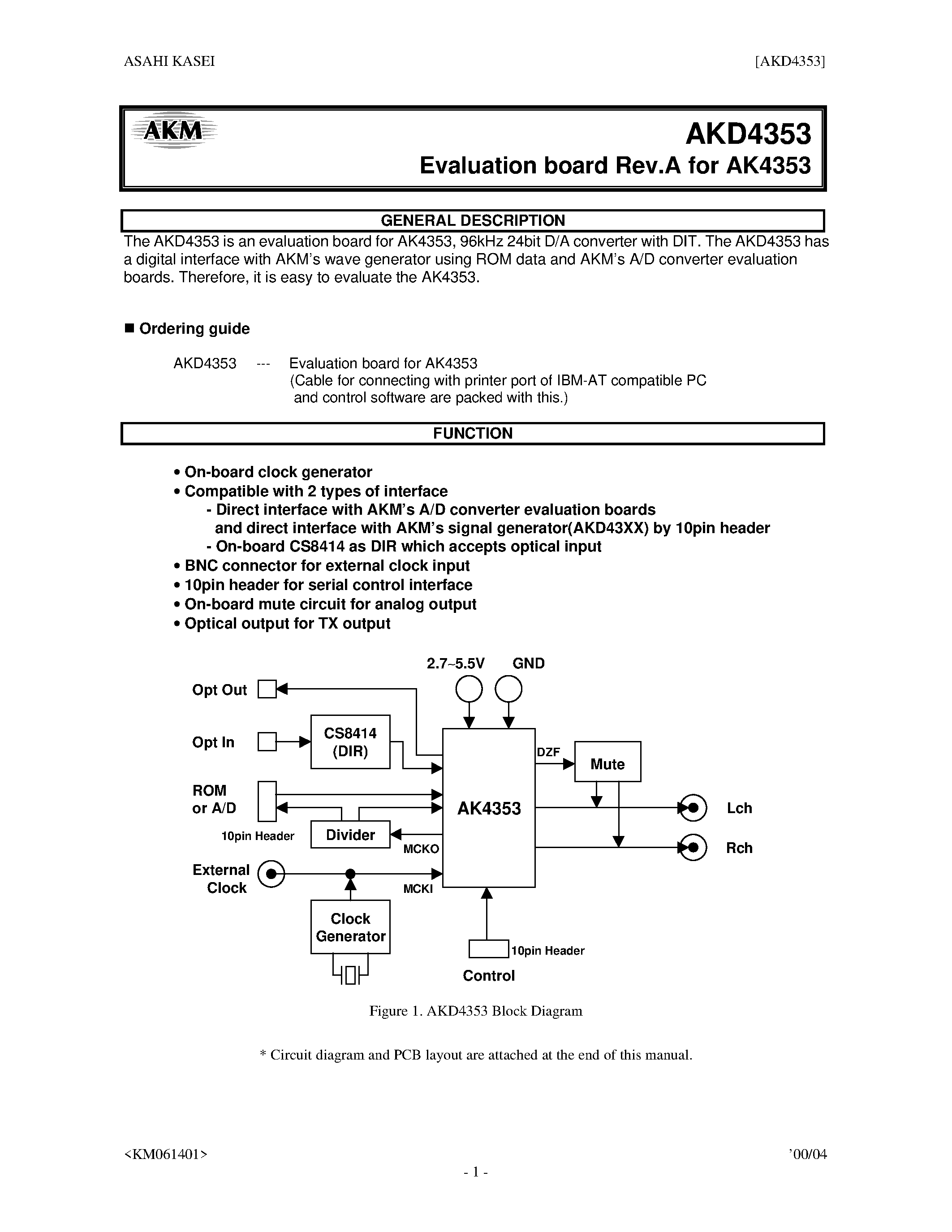 Datasheet AKD4353 - 96kHz 24BIT DAC WITH DIT page 1