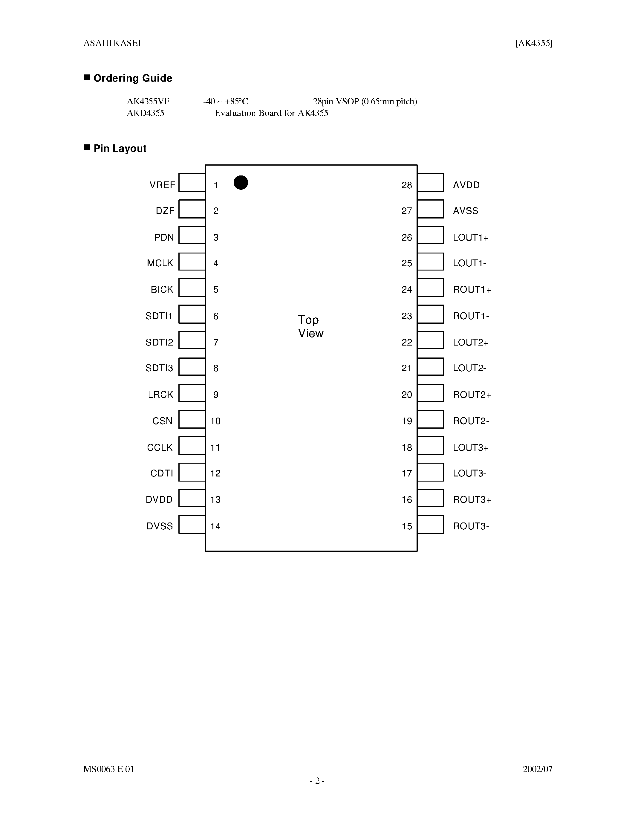 Datasheet AKD4355 - 192KHZ 24BIT 6CH DAC FOR DVD AUDIO page 2
