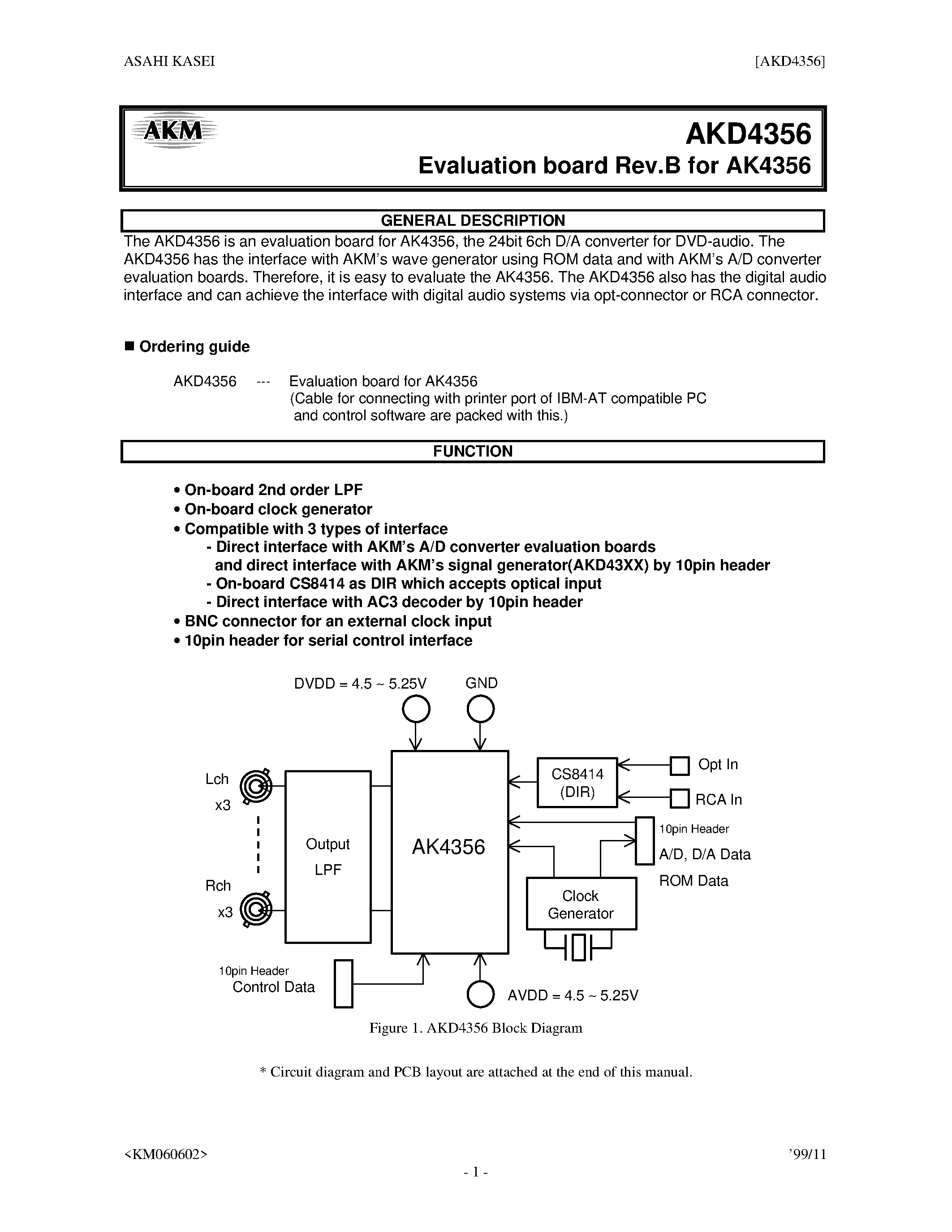 Datasheet AKD4356 - 192kHz 24 Bit IX-CHANNEL DAC FOR DVD-AUDIO page 1