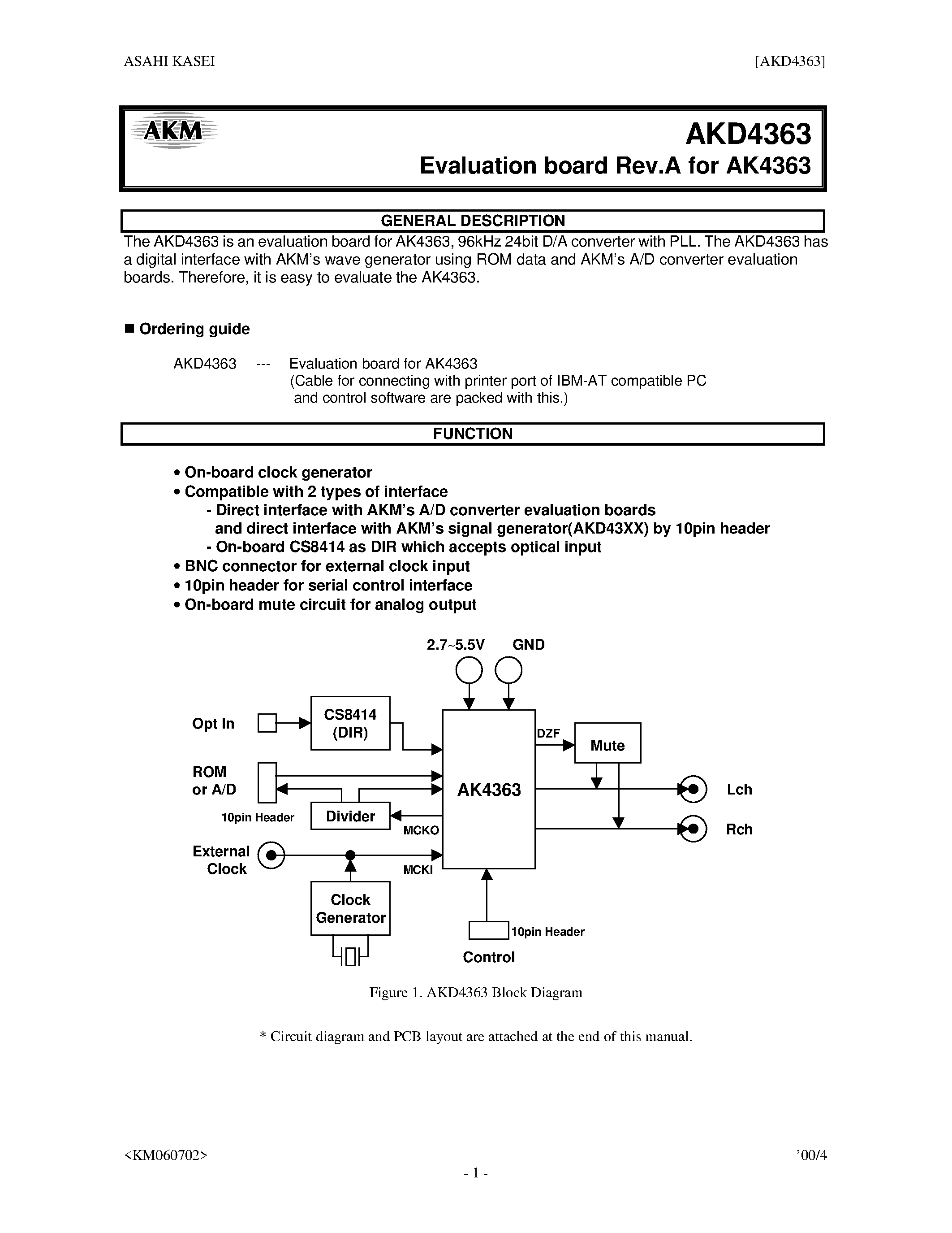 Datasheet AKD4363 - 96kHz 24Bit DAC with PLL page 1