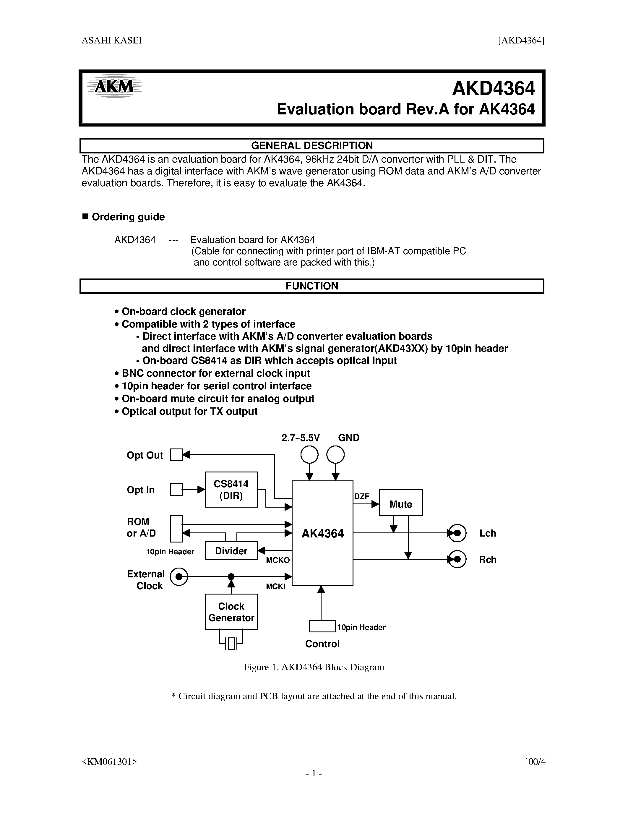 Datasheet AKD4364 - 96kHz 24BIT DAC WITH PLL AND DIT page 1