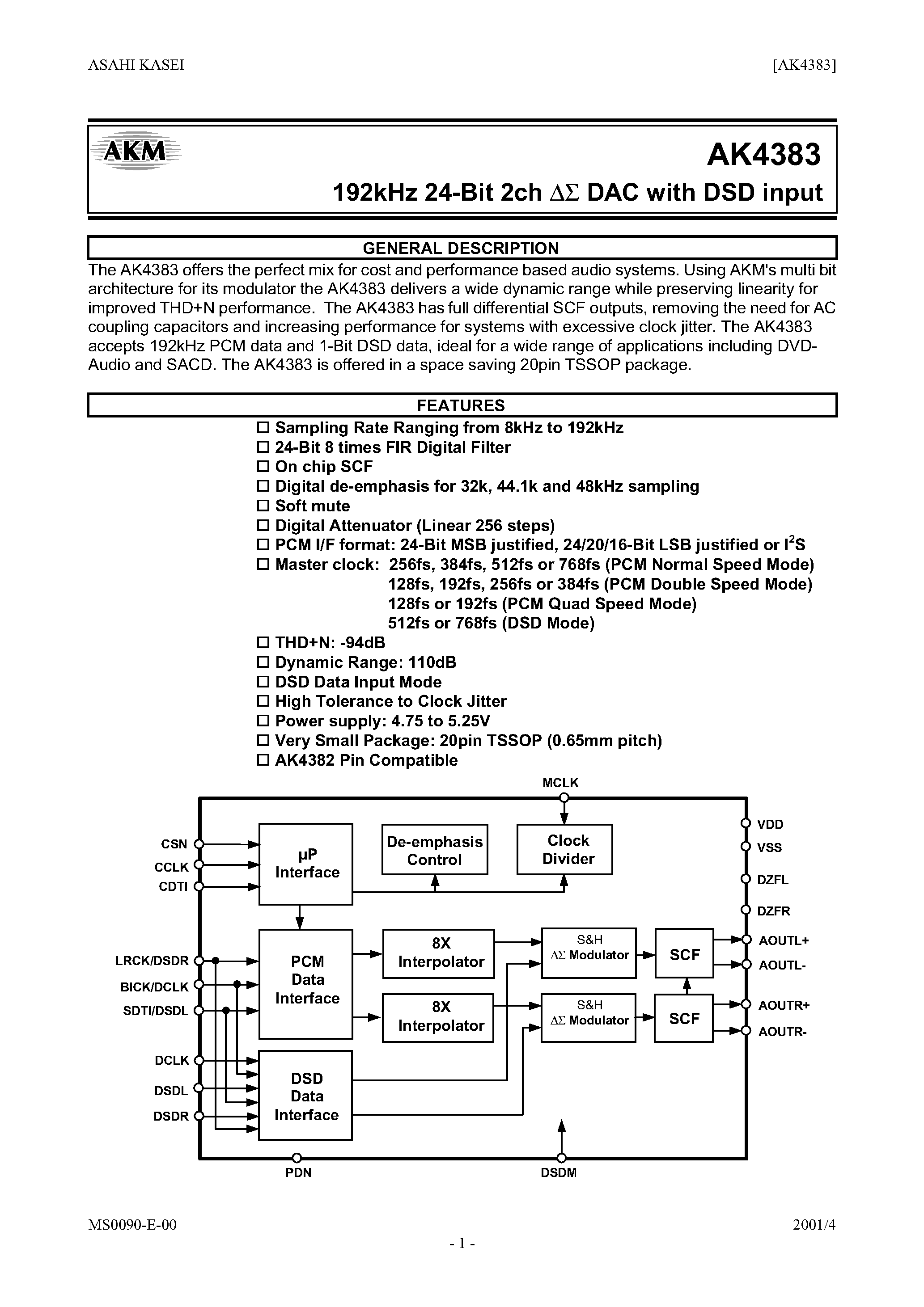 Datasheet AKD4383 - 192kHz 24-Bit 2ch ∆ DAC with DSD input page 1