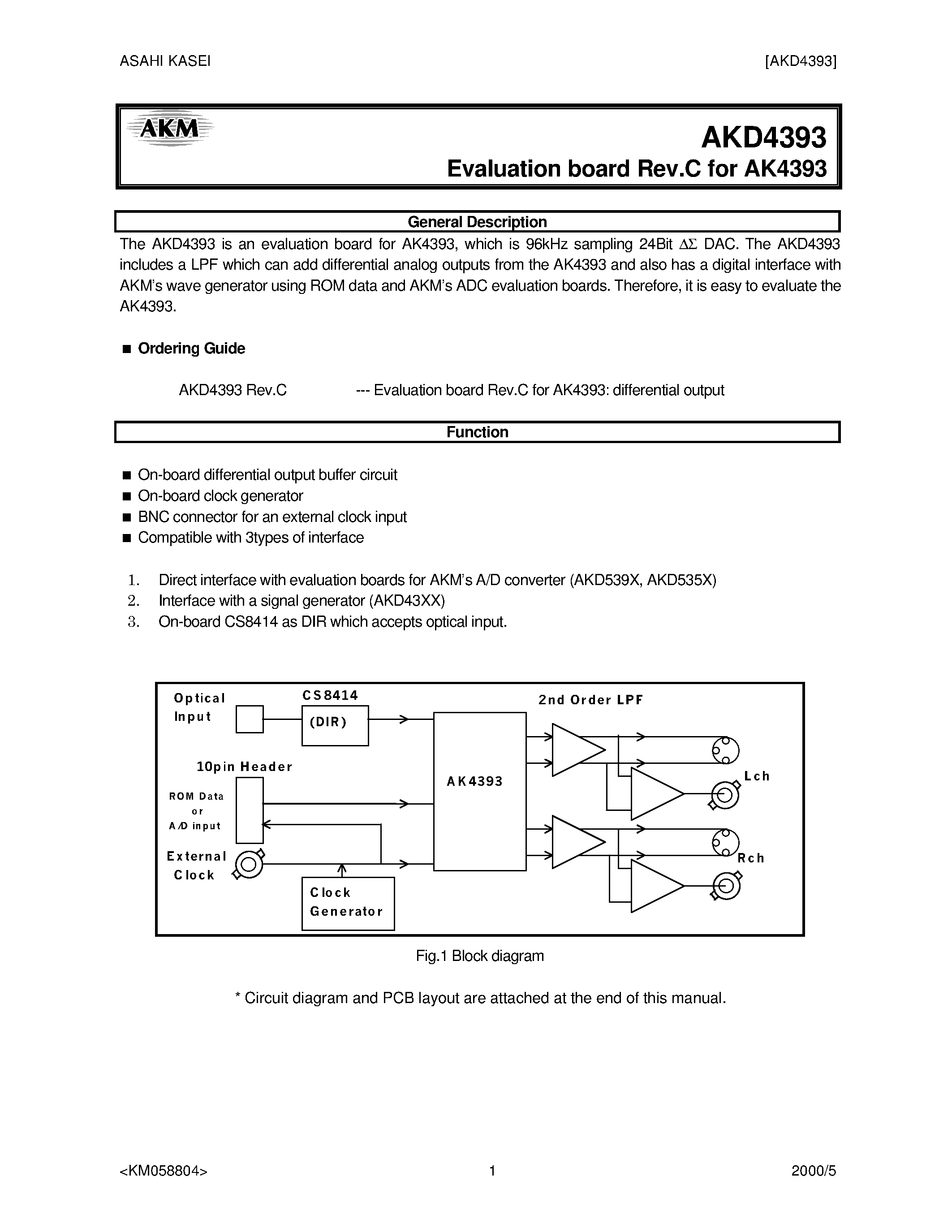 Datasheet AKD4393 page 1 Datasheet AKD4393 - ADVANCED MULTI-BIT 96KHZ 24-BIT DAC page 1