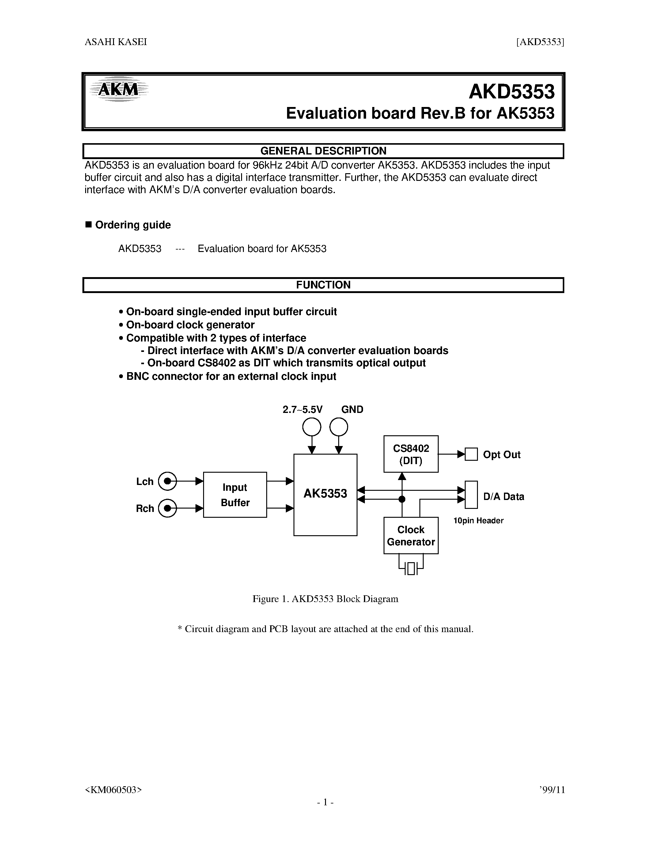Datasheet AKD5353 - 96kHz 24BIT ADC WITH SIGLE-ENDED INPUT page 1