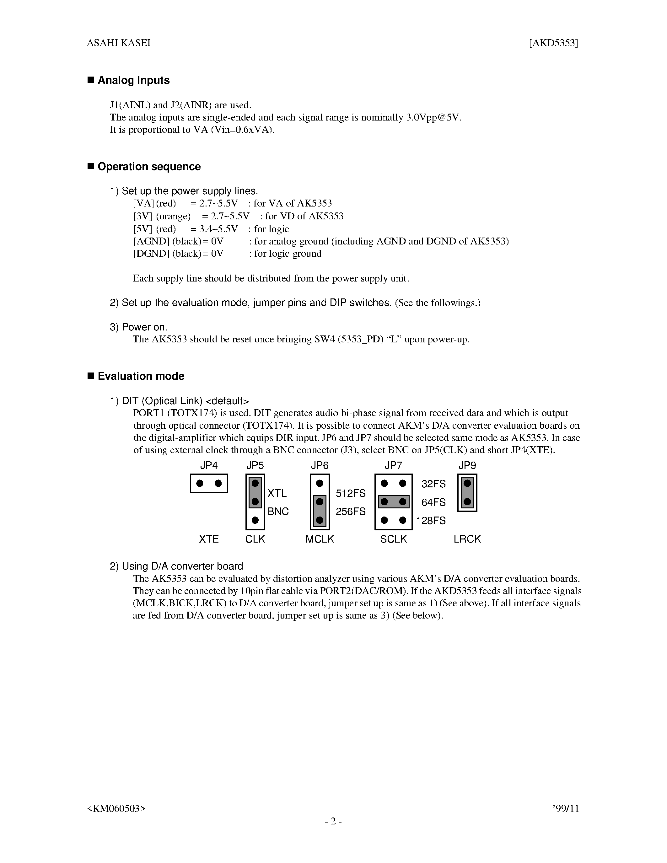 Datasheet AKD5353 - 96kHz 24BIT ADC WITH SIGLE-ENDED INPUT page 2