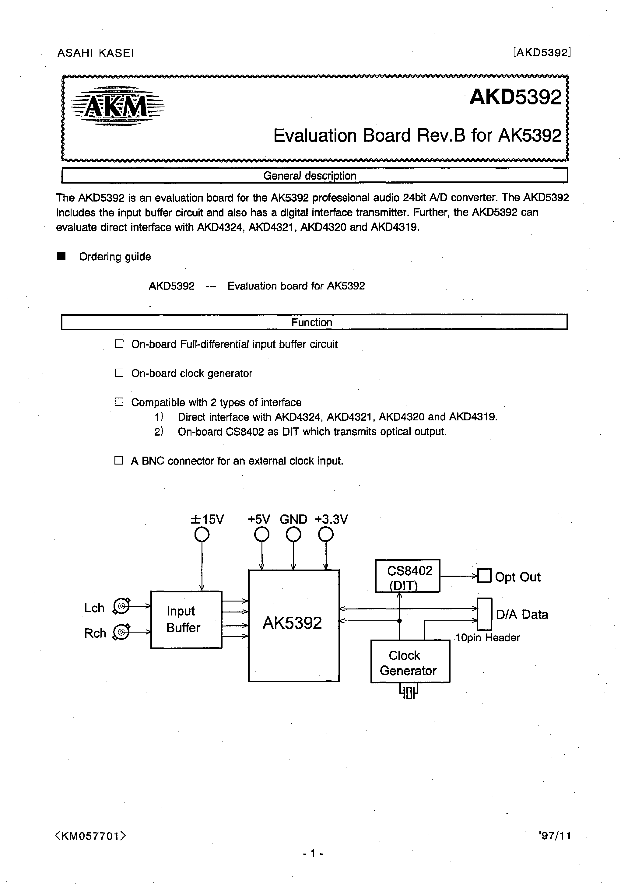 Datasheet AKD5392 - Enhanced Dual Bit 24Bit ADC page 1