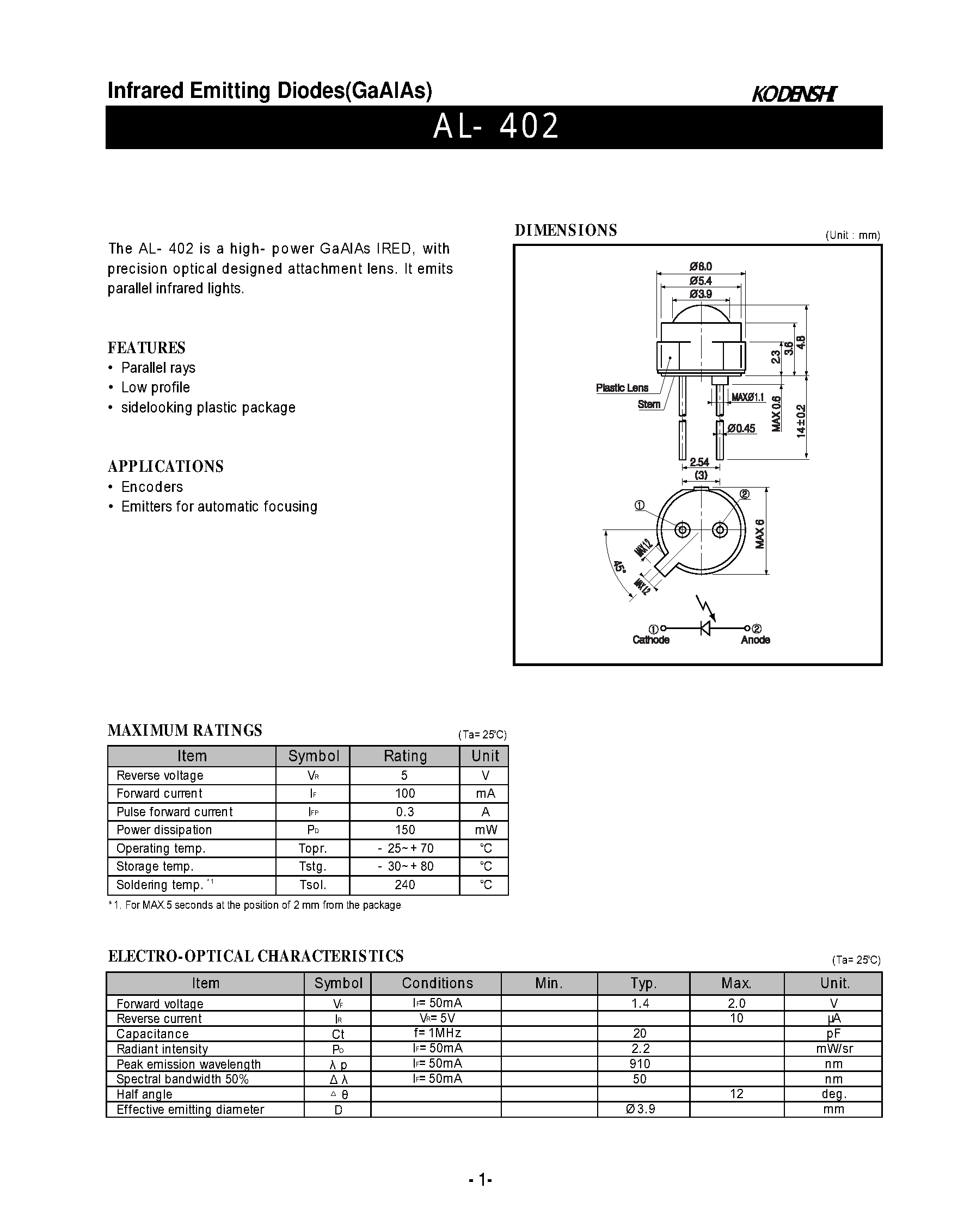 Даташит AL-402 - Infrared Emitting Diodes(GaAlAs) страница 1